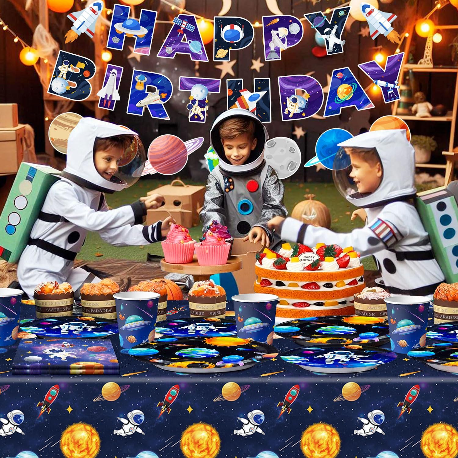 Space Theme Tableware, 24 Guests Outer Space Birthday Party Supplies - Party Plates Napkins Tablecloth Garland Etc Tableware for Birthday Decorations image number 2
