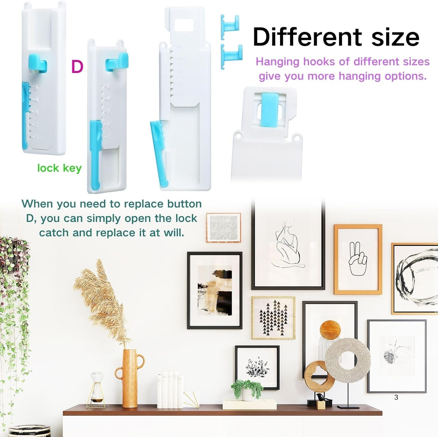 Laffeya Picture Hangers, Adjustable Adhesive Wall Hooks with Level, Damage Free Hanging Strips Hanger for Art, Photos, Mirrors & Decor Frame (Picture Hook, 2) image number 6