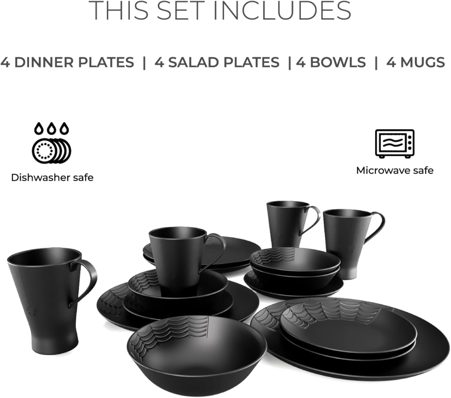 Nomnu Spiderweb Dinnerware Set (16 Pieces) - Gothic Kitchen Decor - Black Matte Porcelain Gothic Dinnerware Set: 4 Dinner Plates 4 Salad Plates 4 Bowls 4 Mugs - Spiderweb Decor Halloween Spooky Gifts image number 6