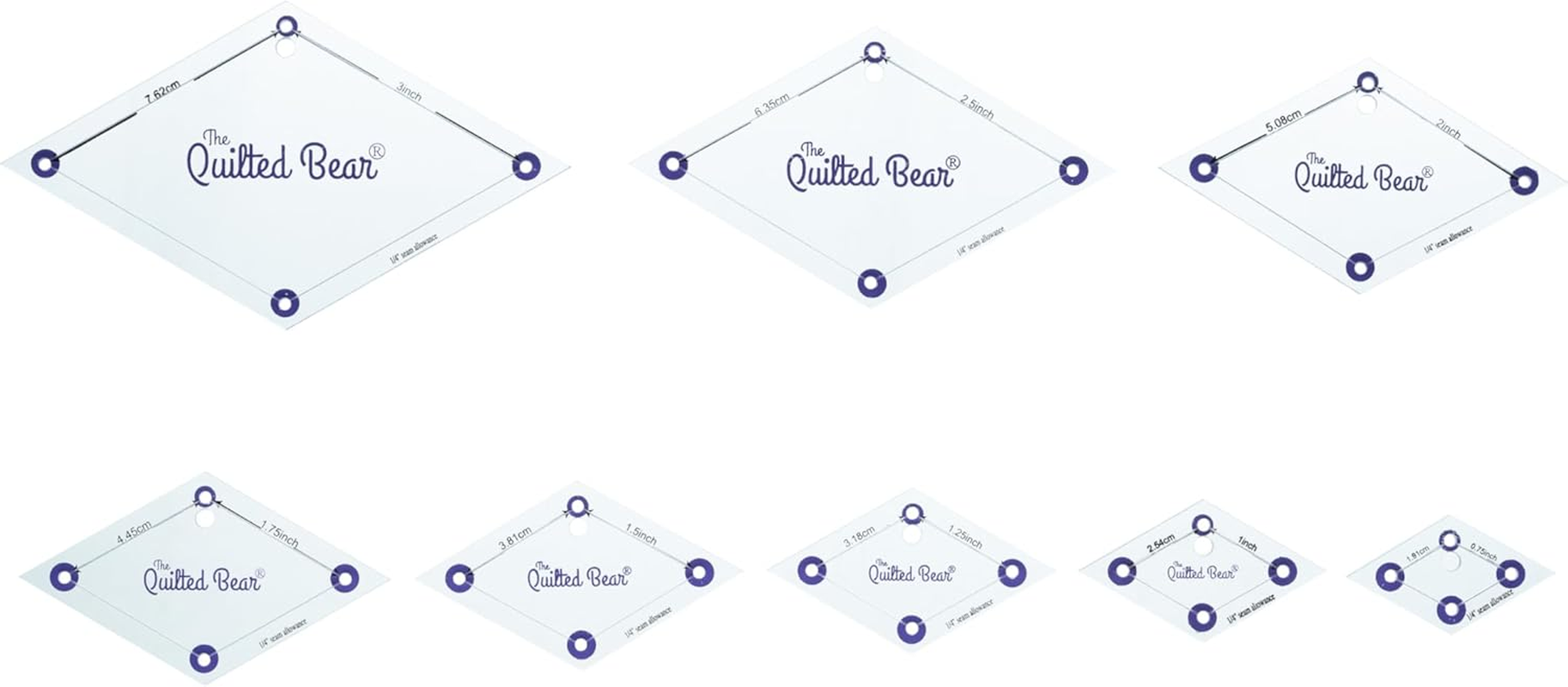 The Quilted Bear Diamond Quilting Templates - Set of 8 Non-Slip Clear Acrylic Templates for Quilting, Patchwork, Dressmaking and Sewing (3/4 Inch - 3 Inches) image number 1