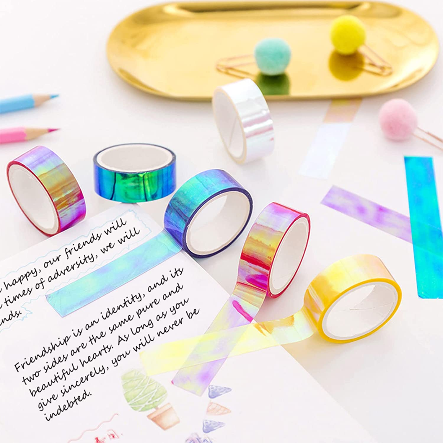 6 Rolls Holographic Tape 5M/196.8In, Assorted Colored Tape Set, Decorative Tape, Prismatic Glitter Tape Hoops for DIY Arts Crafts Decoration Scrapbooking Gifts Wrapping image number 1
