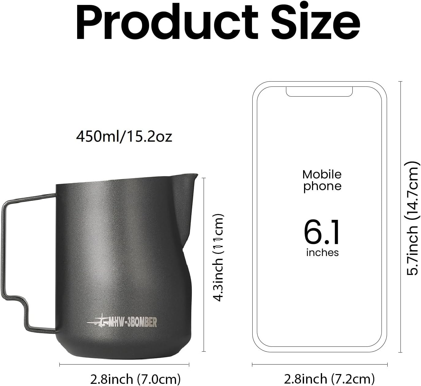 MHW-3BOMBER Milk Frothing Pitcher 450Ml/15.2Oz Milk Frother Cup Espresso Steaming Pitcher Stainless Steel Milk Frother Cup Barista Latte Art round Spout Milk Jug P6001S-OS image number 4