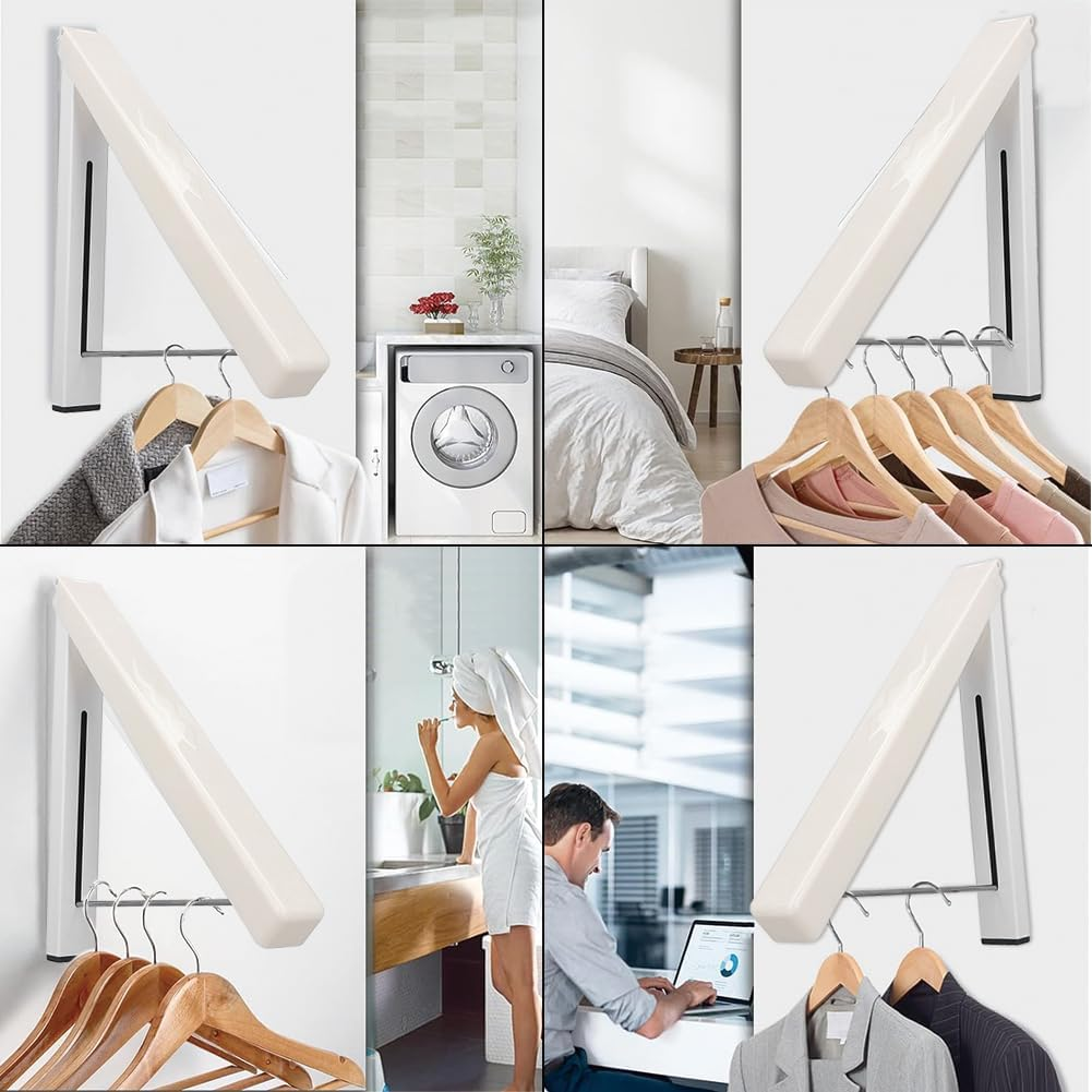 Lwuey Triangle Wall Mounted Clothes Hanger, Single Foldable Clothing Rack Triangles Retractable Cloth Drying Racks Hanging Dryer Rod Aluminum Alloy for Laundry Room Closet Storage Organization White image number 4