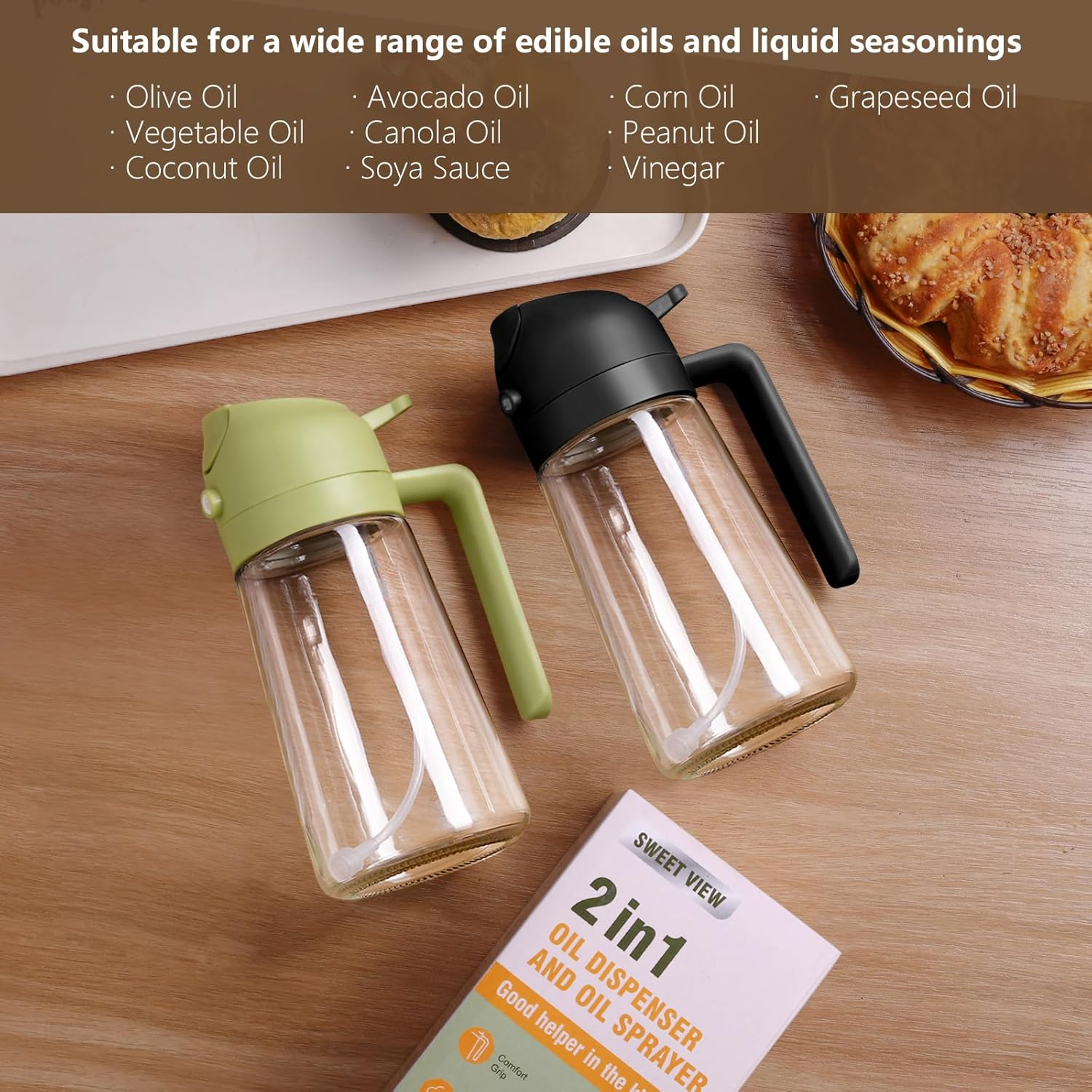 SWEET VIEW Olive Oil Spray Bottle, 470Ml 2 in 1 Glass Oil Dispenser/Pour & Sprayr Bottle, Kitchen Accessories, Kitchen Gadgets for Air Fryer, Salad, Bbq(Black) image number 2