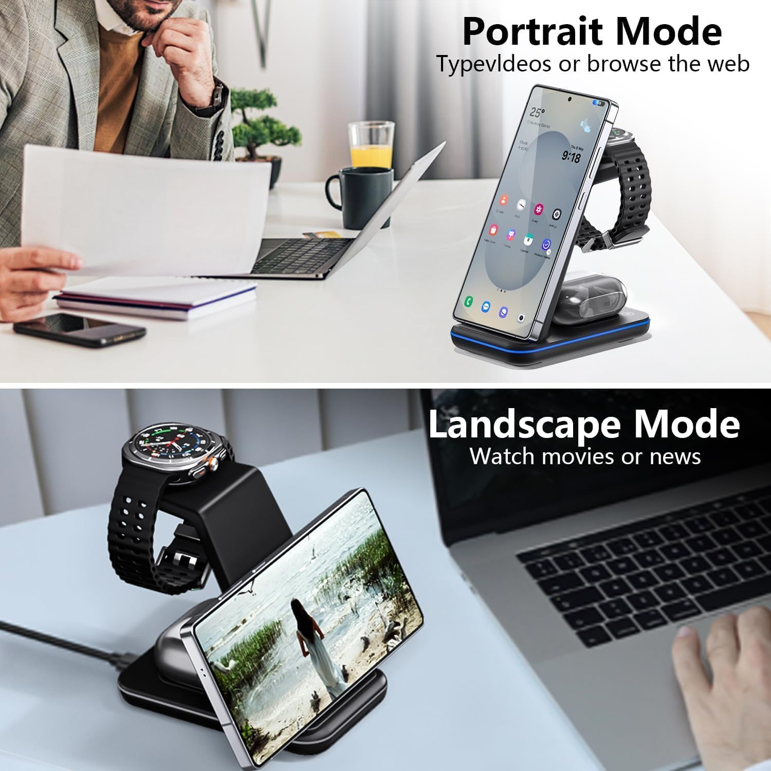 3-In-1 Wireless Charger for Samsung Cellphone and Watch, Cellphone Inductive Charging Station,Induction Charger for Samsung S25, Watch Ultra/7/6/5, Wireless Charger for Galaxy Buds(No Adapter) image number 1