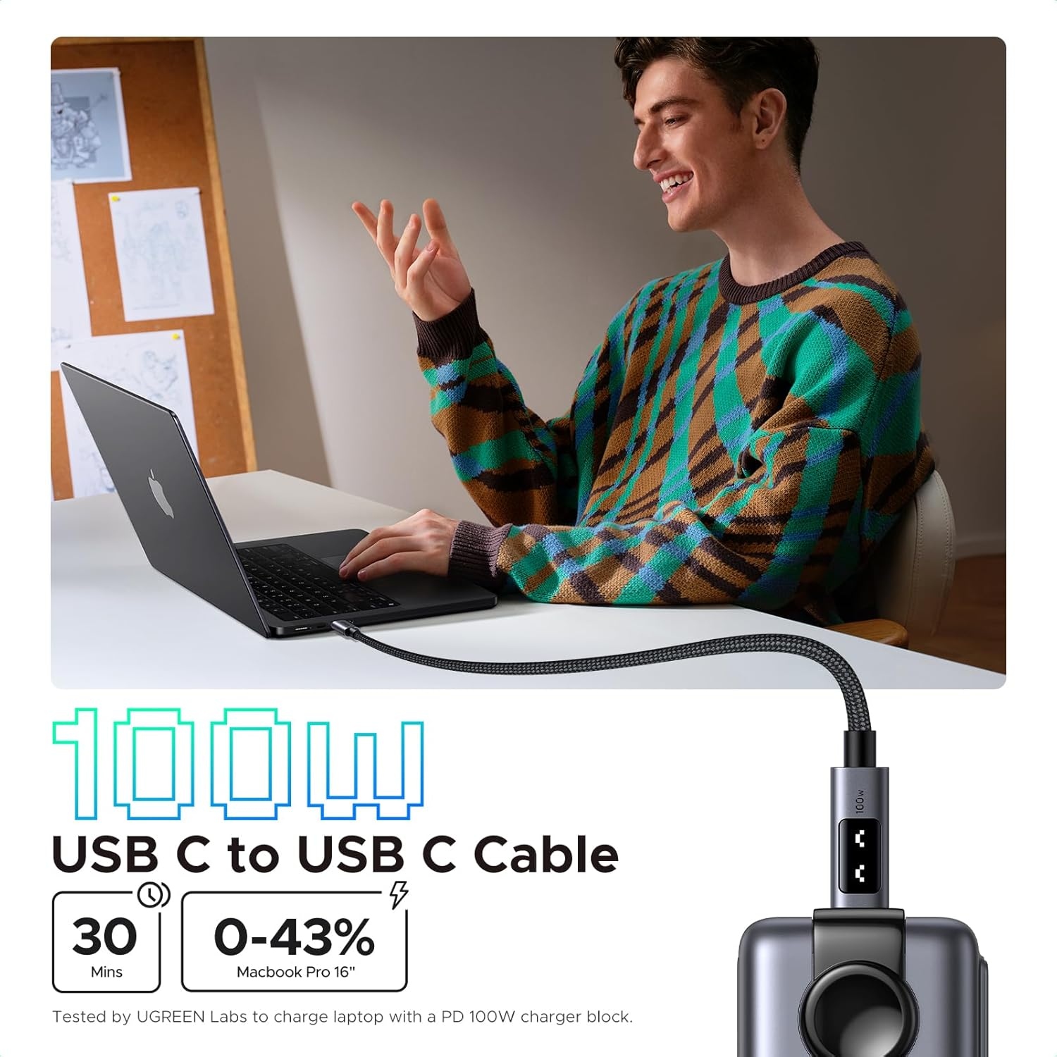 UGREEN Uno 100W USB C to USB C Cable, Fast Charging Type C Cord with LED Display, USB C Charger Cable for Iphone 17 Pro Max, Macbook Pro, Ipad, Galaxy S25, Pixel, Chromebook, Dell, 2M Black image number 4