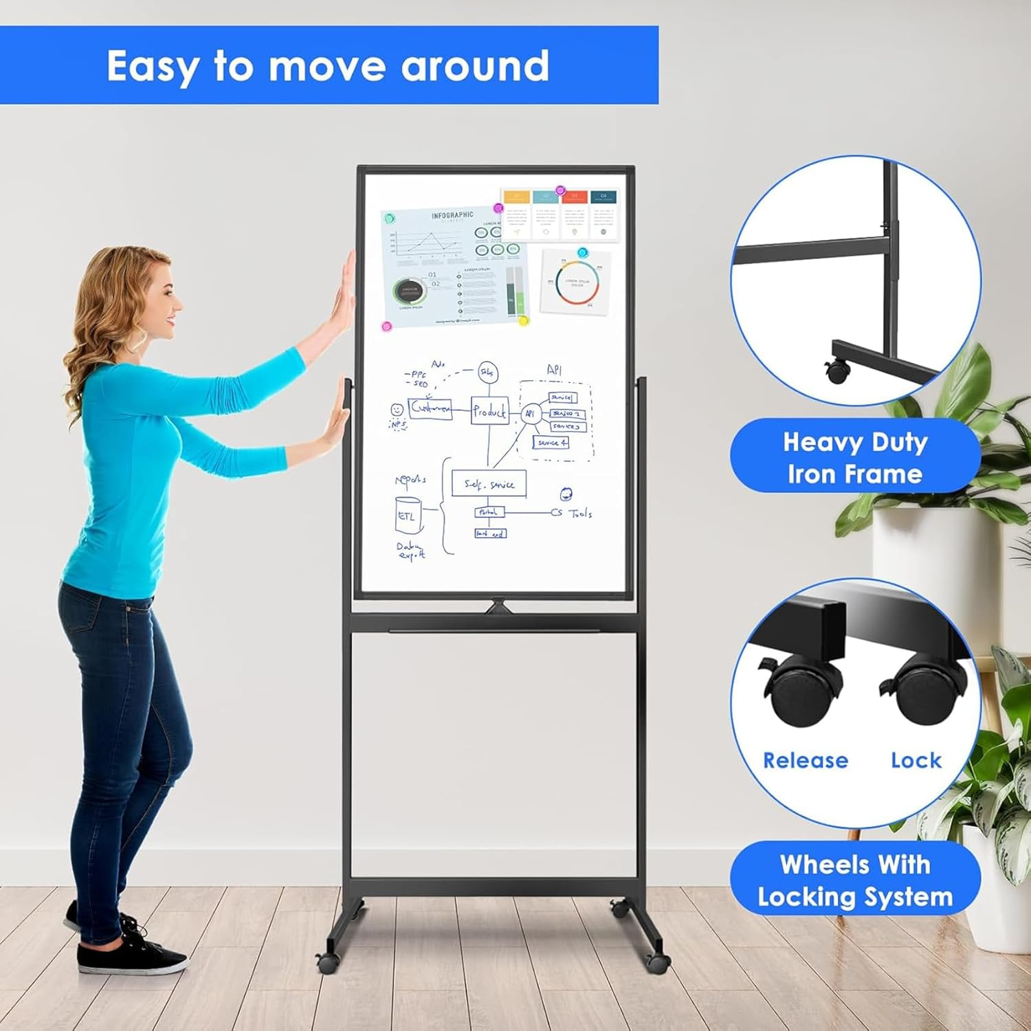 60X100Cm Magnetic Mobile White Board, Double Sided Dry Erase Board Rolling Whiteboard, Standing Whiteboard on Wheels for Home Office Classroom & Home, Black image number 1