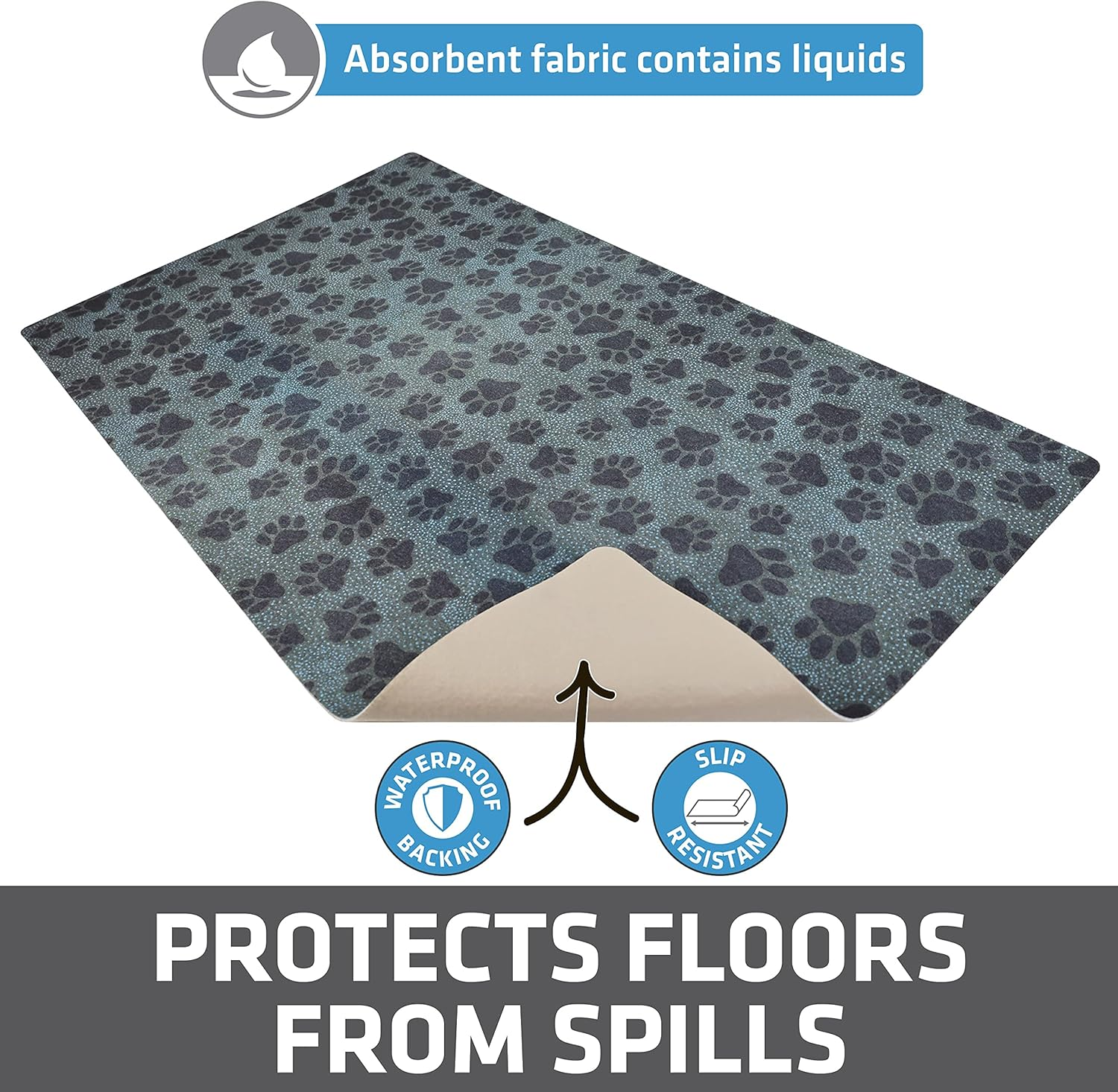 Drymate Pet Bowl Placemat, Dog & Cat Food Feeding Mat - Absorbent Fabric, Waterproof Backing, Slip-Resistant - Machine Washable/Durable (USA Made) (16&rdquo; X 28&rdquo;) (Paw Dots Black) image number 4