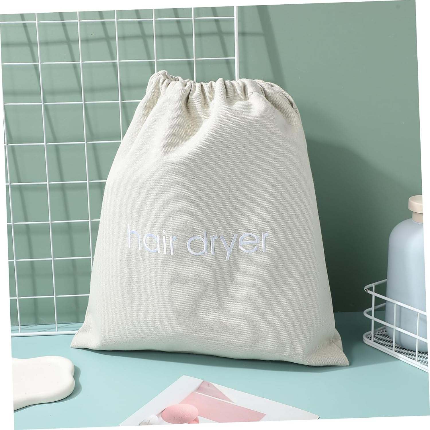 DONFAMDS Hair Dryer Storage Bag Drawstring Canvas Organizer for Home Hotel Guest Capacity Dustproof Cover with Smooth Strings for Full Dryer and Personal Items - Light Grey image number 6