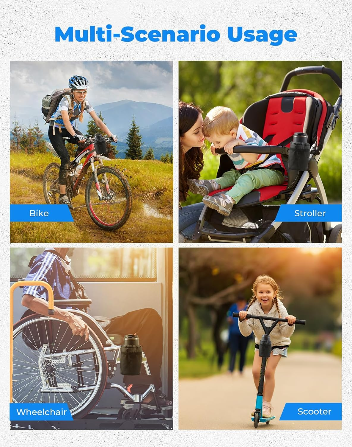 KEMIMOTO Bike Cup Holder, Water Bottle Holder Bicycle Handlebar Drink Holder with 2 Pockets, Oxford Fabric Water Cup Holder Compatible with Wheelchair Road Bike MTB E-Bike Cruiser Scooter image number 1