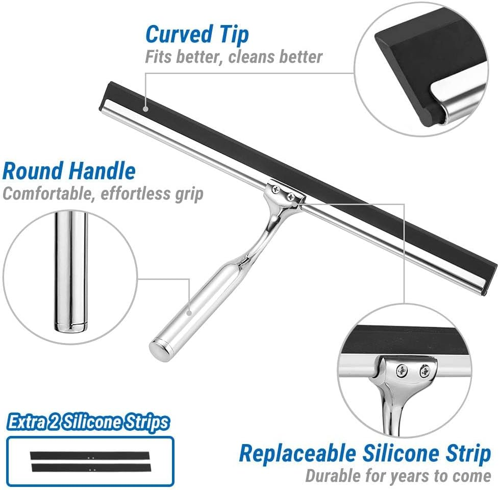 Ecooe Stainless Steel Shower Squeegee with Hook, 12 Inches Shower Glass Cleaner Squeegee Wiper Scraper with 2 Replacement Squeegee Blade, Window Squeegee for Home Bathroom Kitchen Car Glass Doors