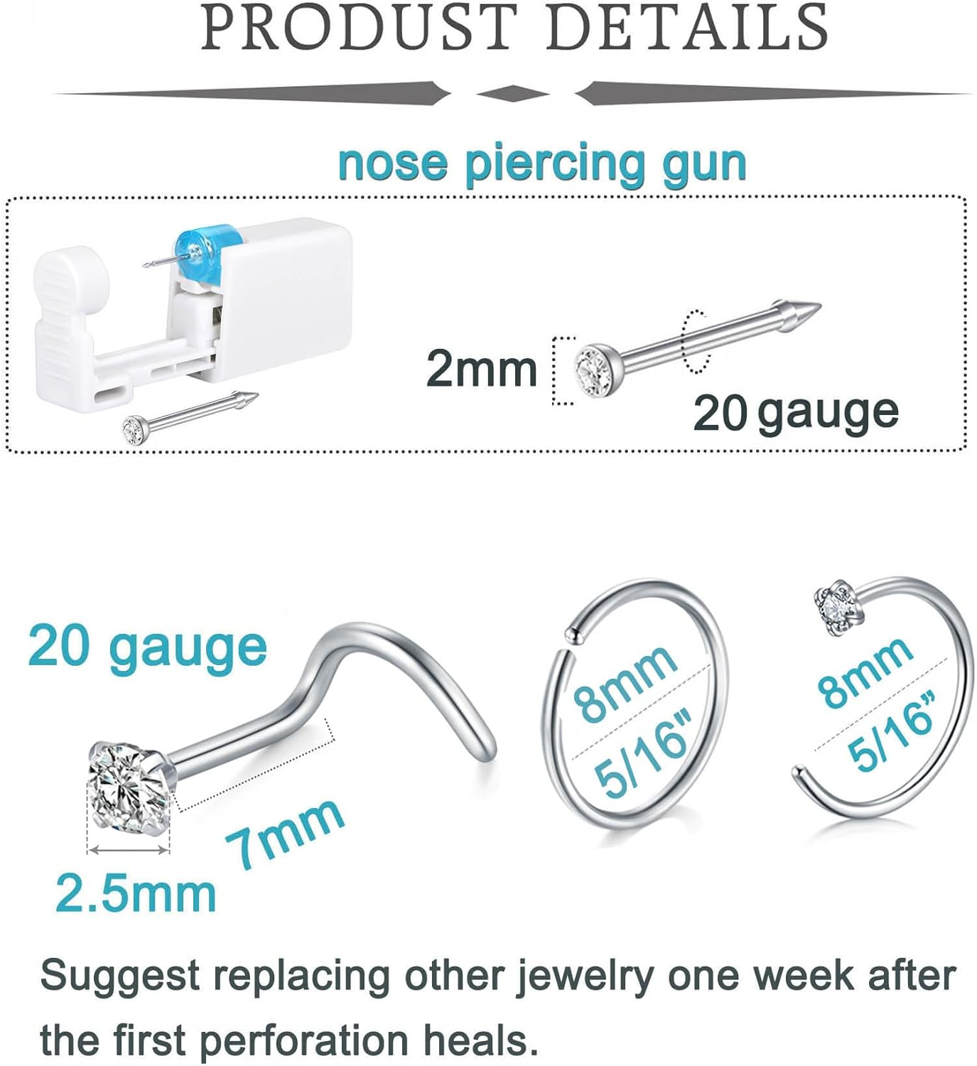 QWALIT Nose Piercing Kit Gold Nose Ring Piercing Kit Self Nose Piercing Kit at Home Nose Piercing Kit with Nose Rings Disposable Nose Piercing Gun Kit Nose Piercing Needle Kit Silver Nose Rings Hoops image number 6
