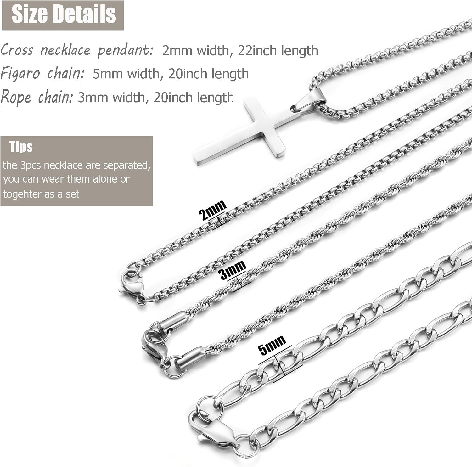 3Pcs Set Cross Necklace for Men, Mens Cross Necklace Cross Chain Layered Stainless Steel Rope Figaro Chains for Women Boys Gold Silver Black (20Inch/22Inch) image number 6