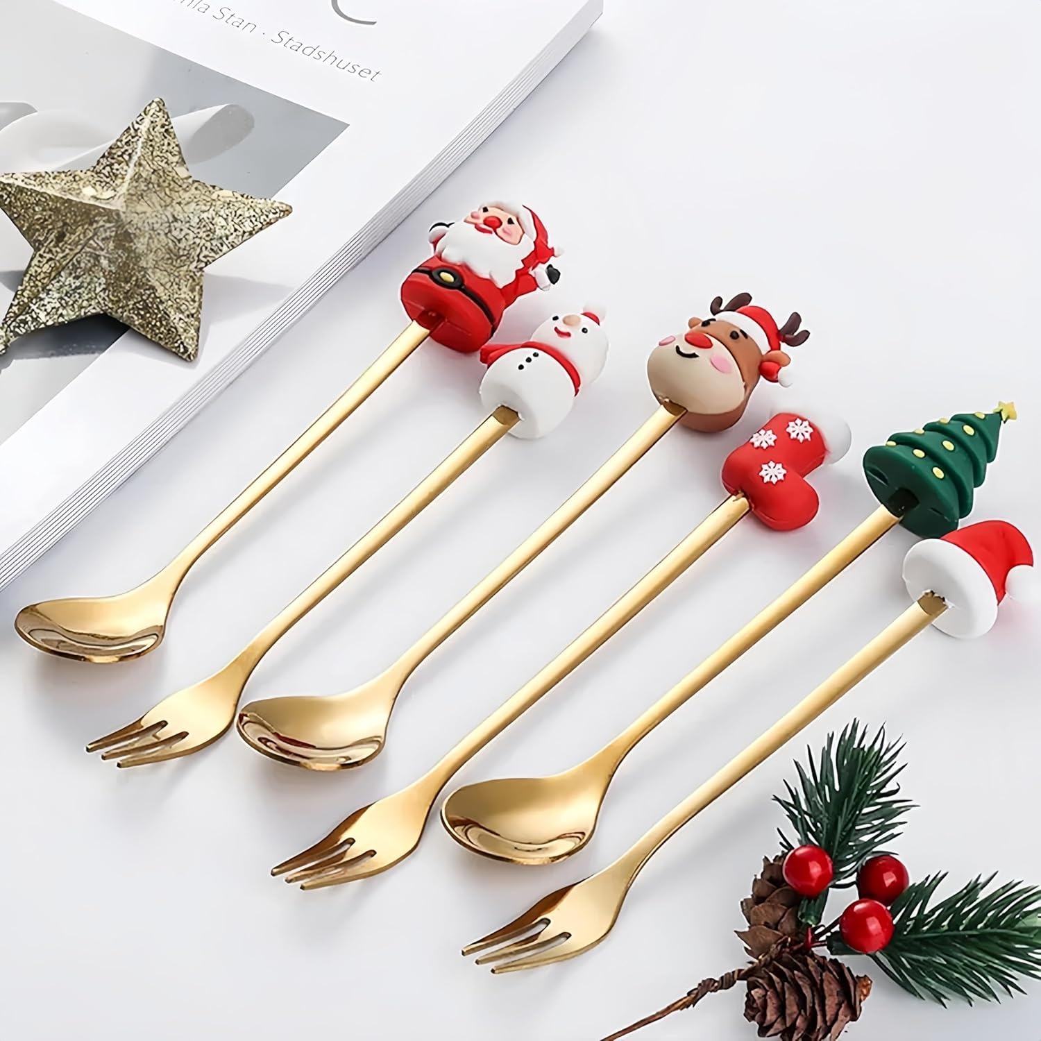 Azragon 6Pcs Cutlery Set with 3Pcs Spoons, 3Pcs Forks for Flat White/Tea/Coffee,Tableware with Christmas Elements Design and Perfect Gifts for Kids and Friends. image number 5