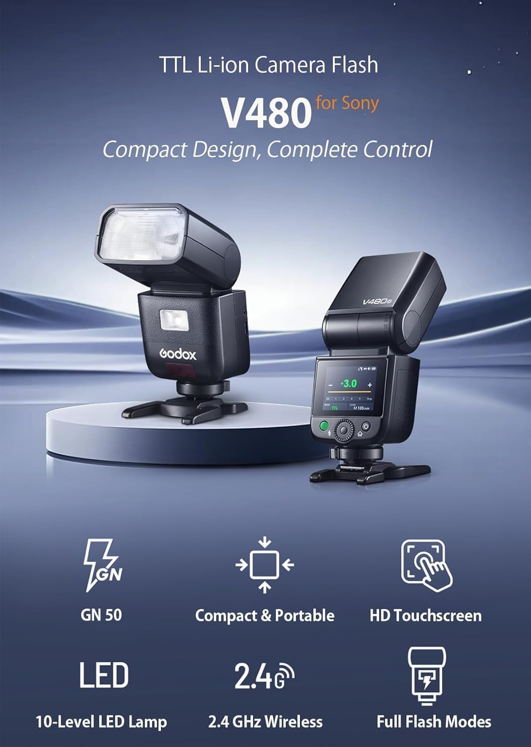 Godox V480C V480 C TTL Flash for Canon, Gn50/1.7S Recycle/650 Flash Times/Hss/Smart Distance Readout/10 Level LED Modeling Lamp/2.0" Touchscreen/2.4G Wireless System/Ttl Camera Flash for Canon image number 2