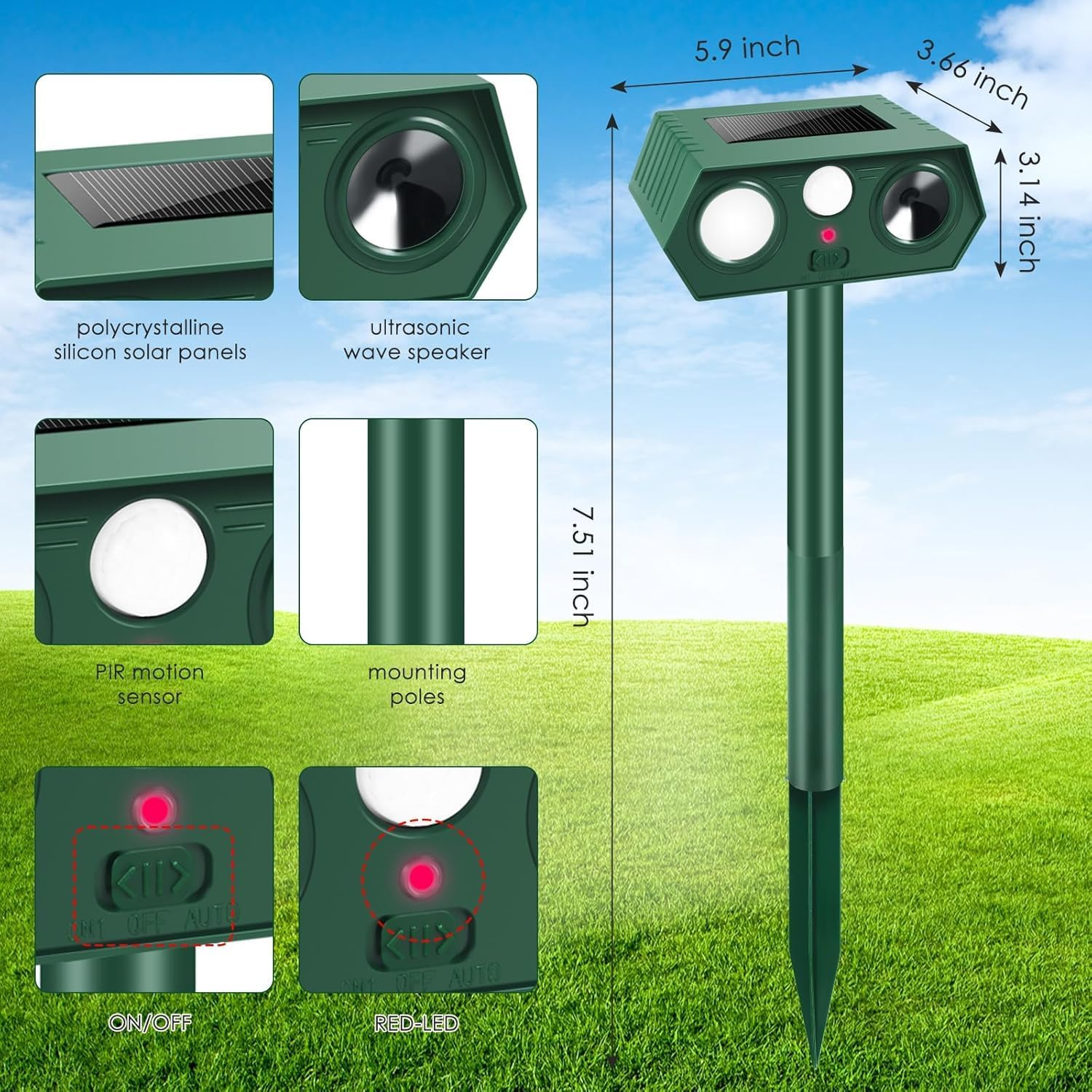 ​Cyperever Solar Powered Ultrasonic Animal Repeller Outdoor, Cat Repellent Possum Deterrent Bird Deterrent Snake Repellent, Motion Sensor & Flash Light for Dogs Foxes Rodents​​ (2) image number 5