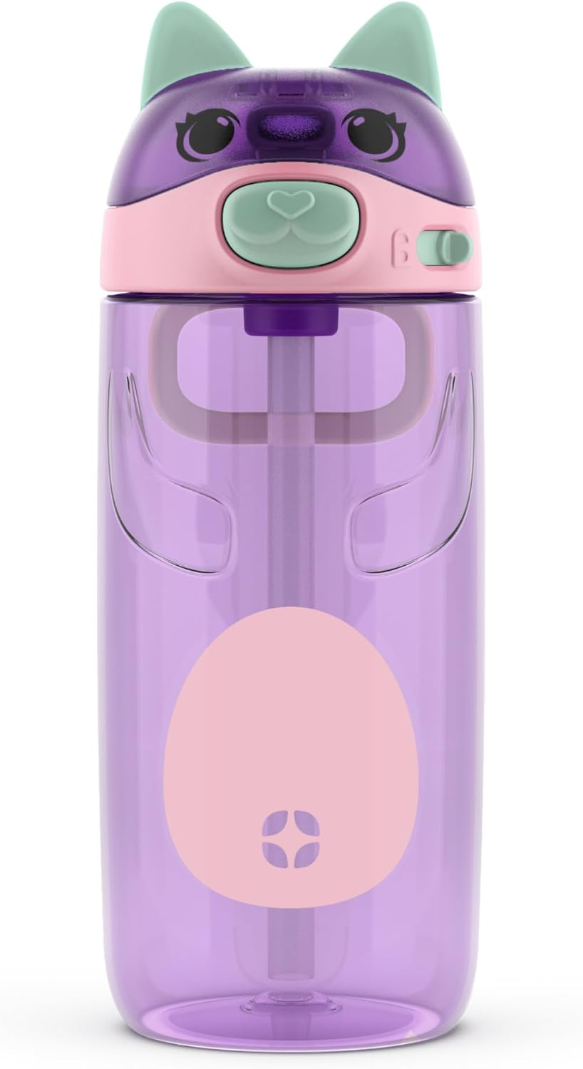 Ello Ellies 16Oz Plastic Kids Water Bottle with Straw and Built-In Carrying Handle and Leak-Proof Locking Lid for School Backpack, Lunchbox and Outdoor Sports, Dog