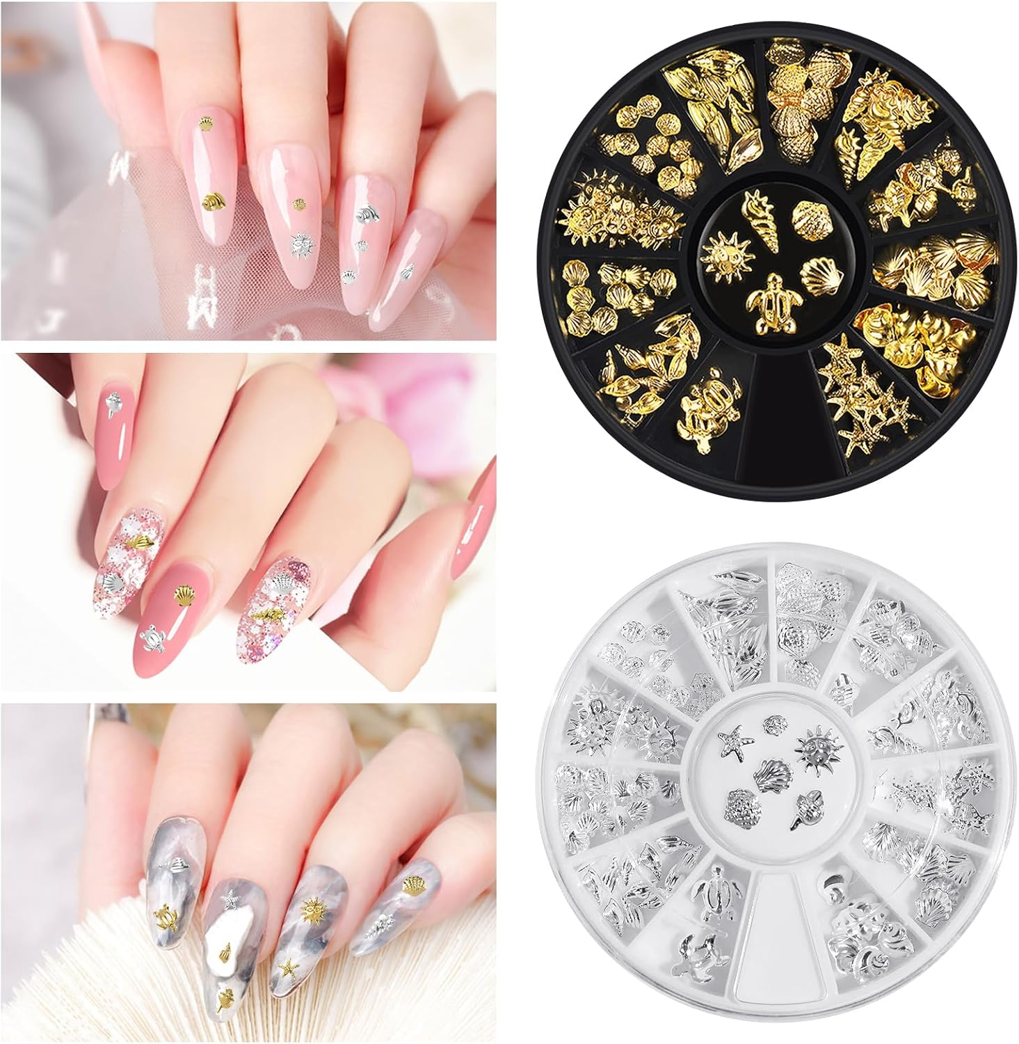 2 Boxes 3D Nail Charms, Ocean Nail Gems for Nail Art with Storage Box, Metal Star Starfish Shell 12 Grid Mixed Sizes Nail Art Decor Summer Beach Fingernail Decorations for Women Girls image number 4
