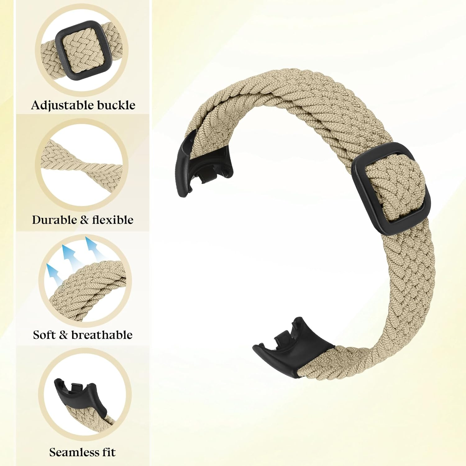Braided Bands Compatible with Xiaomi Mi Band 10/9/8 Straps for Women Men, Elastic Adjustable Solo Loop Nylon Woven Replacement Wristbands for Xiaomi Mi Band 9/8 - Black+Off-White image number 2