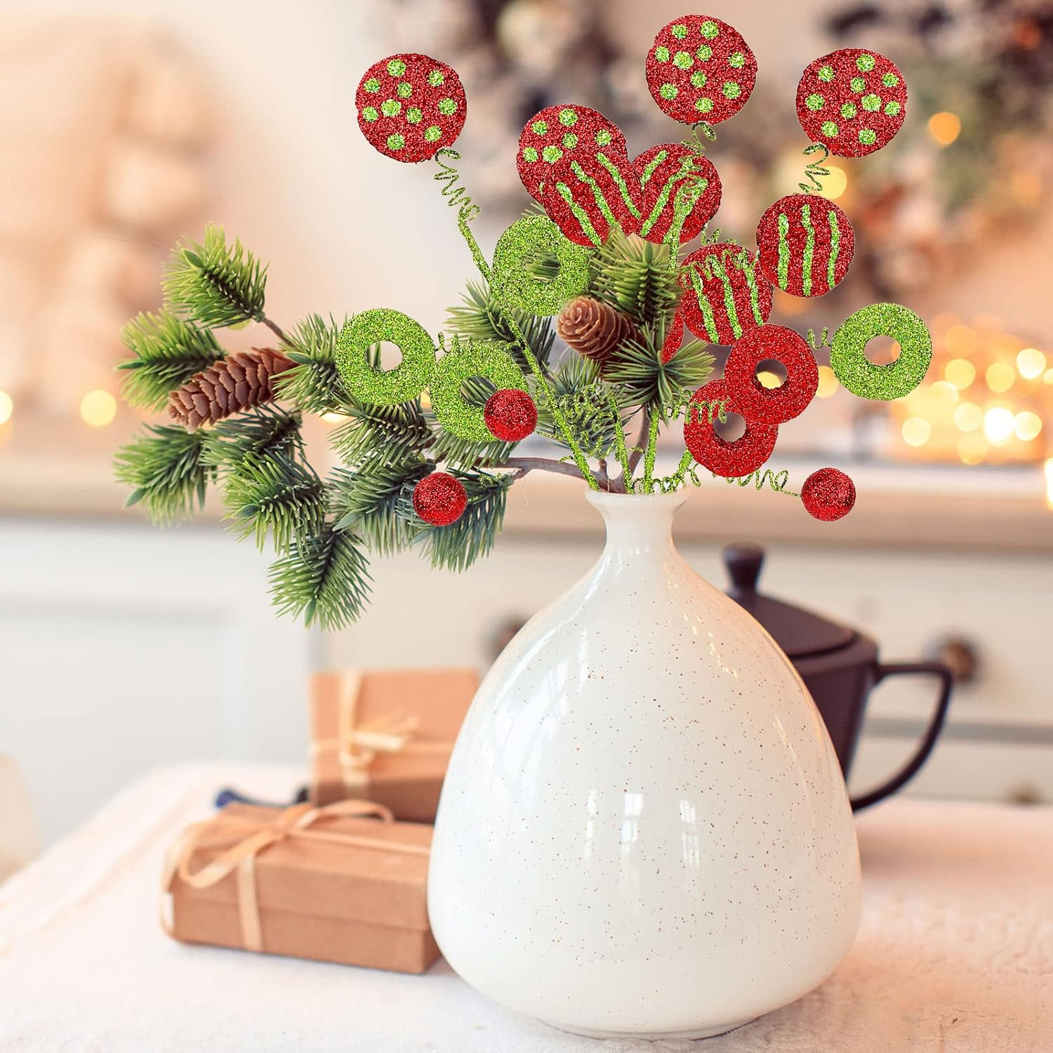 Whaline 6Pcs Christmas Tree Decoration Xmas Tree Curly Picks Red Green Craft Picks Holiday Table Centerpiece for Xmas Crafts Wreath Home Party Christmas Tree Decor Supplies image number 6