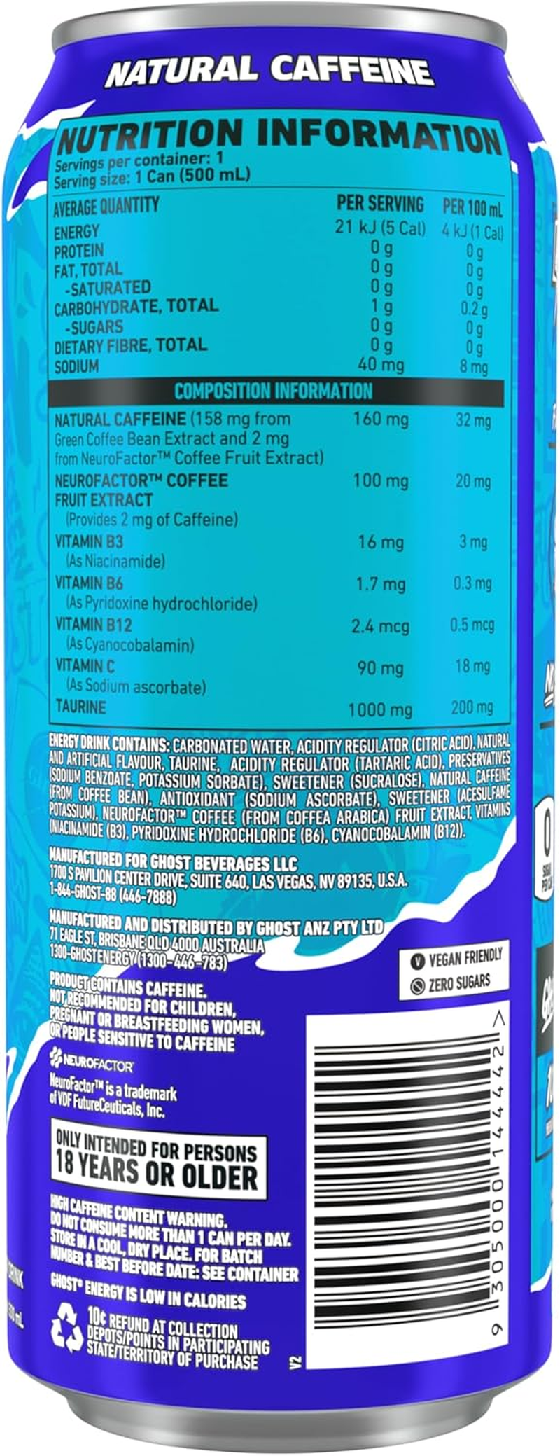 GHOST Energy Drink - 12-Pack, Blue Raspberry, 500 Ml Cans - Energy & Focus & No Artificial Colours - 160Mg of Natural Caffeine - Vegan