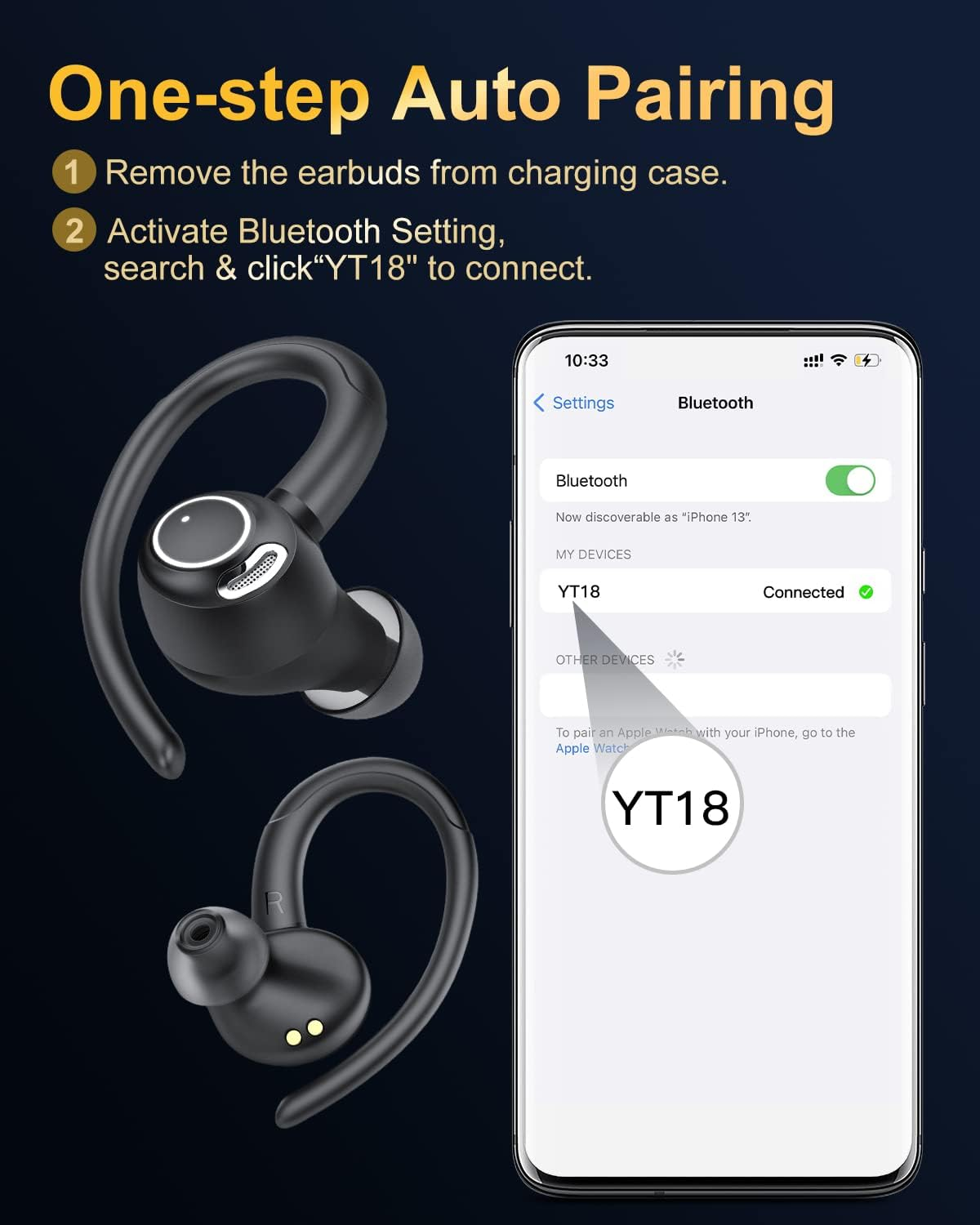 Bluetooth Sports Headphones, In-Ear Headphones, Wireless Bluetooth 5.3 with HD Mic, Outstanding Sound, 40 Hours Playtime, Comfort Fit, Dual LED Display, IP7 Waterproof Earphones with Ear Hooks, Black image number 1