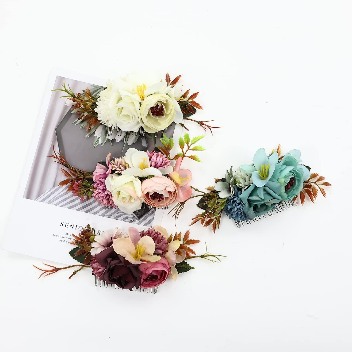 Cinaci 4 Pack Artificial Flower Metal Hair Side Combs Slides Clips Floral Wedding Bridal Headpieces Hairpins Barrettes Bun Chignon Hair Accessories for Women Flower Girls Brides Bridesmaids image number 1