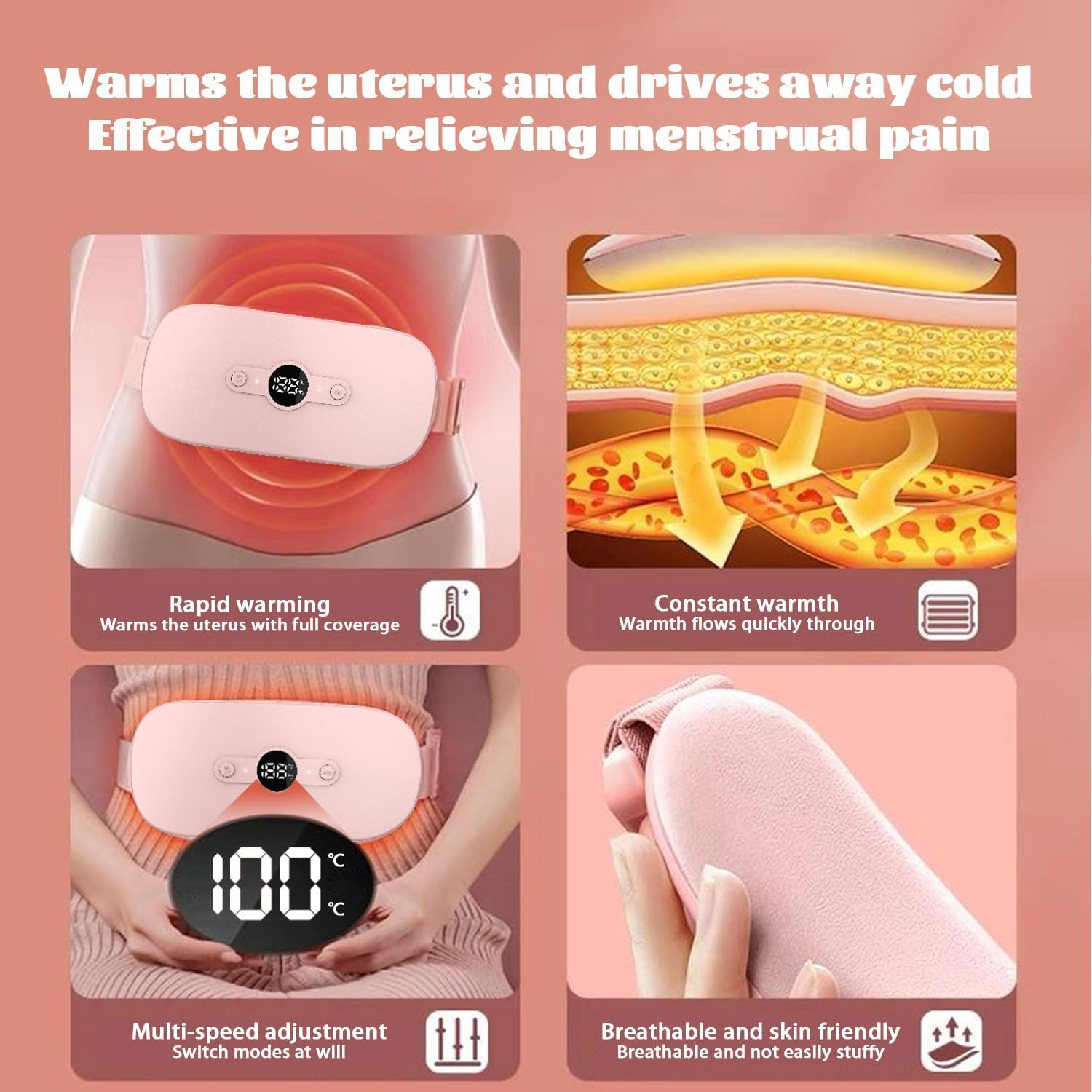 Portable Cordless Heating Pad，Period Heating Pads for Cramps with 6 Heat Levels and 6 Massage Modes，Back or Belly Heating Pad for Women and Girl (Pink) image number 6