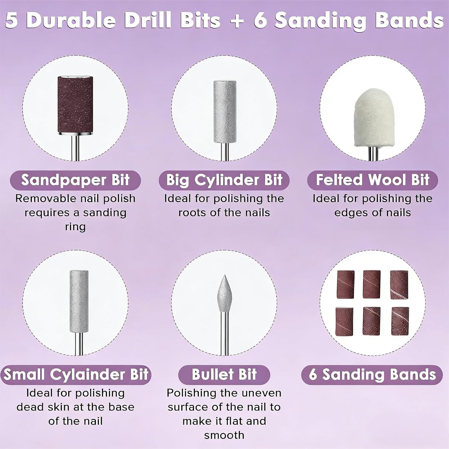 Professional Electric Nail Drill Machine Kit, 3 Speed Portable File with 6 Bits for Acrylic Gel Dip Powder Nails, Home and Salon Use