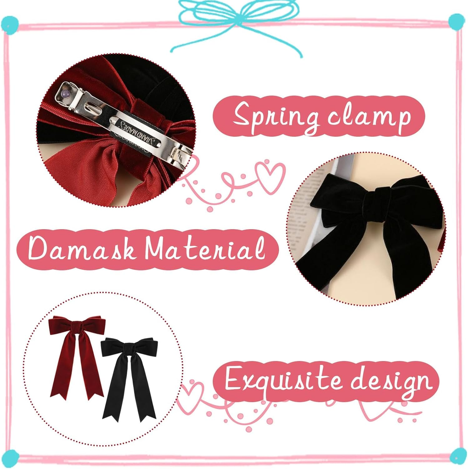 AYNKH 2PCS Velvet Bow Hair Clip, Satin Bowknot Hairpins with Long Ribbon, Red and Black Hair Barrettes, Vintage Party Hair Accessories for Girls Women