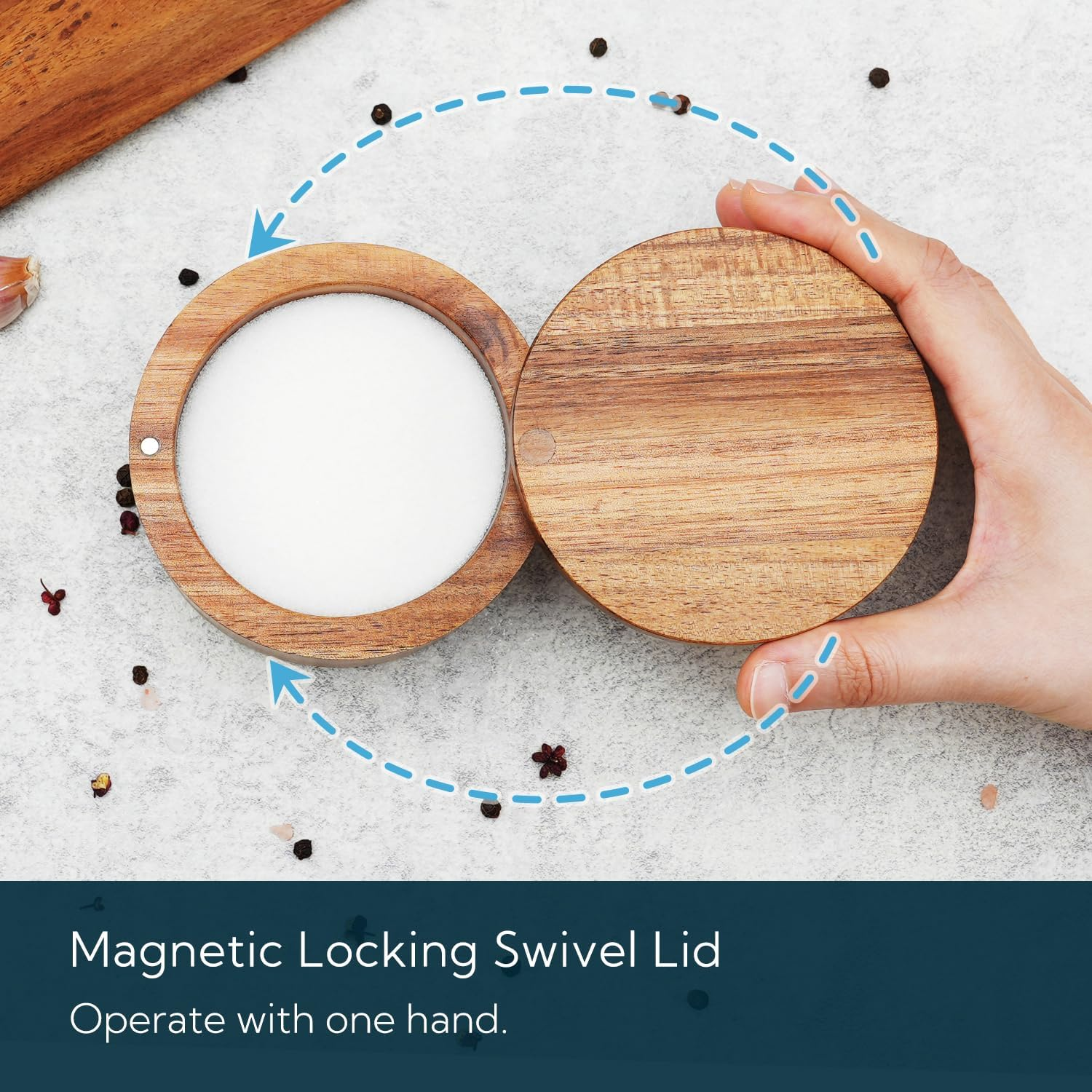 KITCHENDAO Acacia Wood Salt Cellar Bowl Box, Elegant Kitchen Salt Container Holder with Swivel Magnetic Lid to Store Pepper Spice Bath Salt Sea Salt Herbs or Favorite Seasonings, 6Oz - Acacia(No Spoon) image number 5