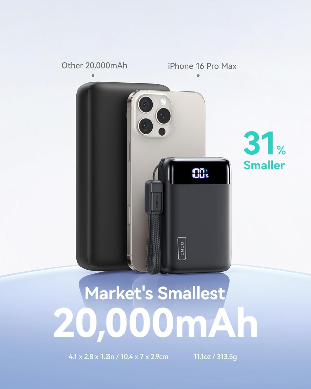 INIU Power Bank, Smallest 22.5W 20000Mah Power Bank with Attached USB C Cable, Fast Charging Portable Charger, Travel Essential Battery Ban Compatible with Iphone 17 16 Samsung S26 S25 Google Ipad