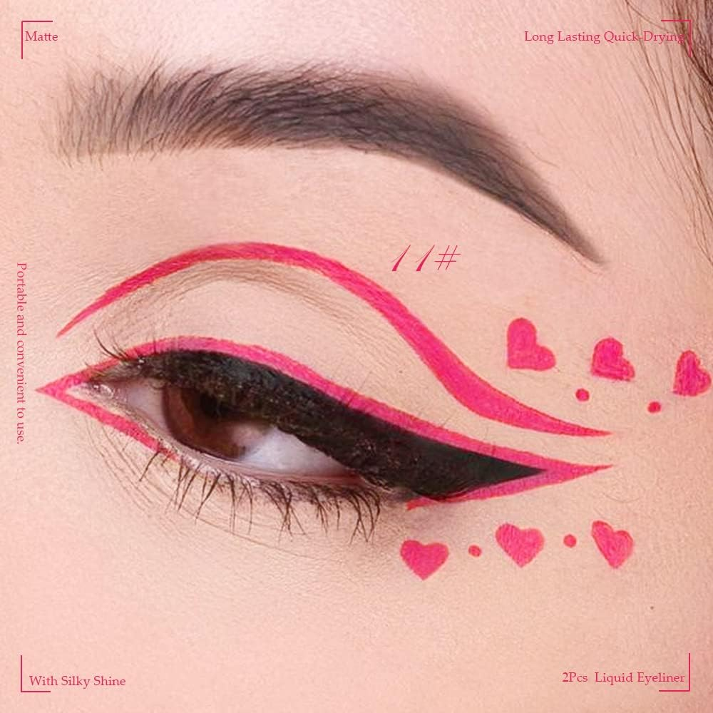 Evpct 2Pcs Hot Pink Rose Red Liquid Eyeliner Set Waterproof Neon Bright Light Pink Eye Liner Liquid Pen Pencil for Women Eyes Delineadores De Colores Para Ojos Delineador De Ojos Contra El Agua 02&11 image number 5