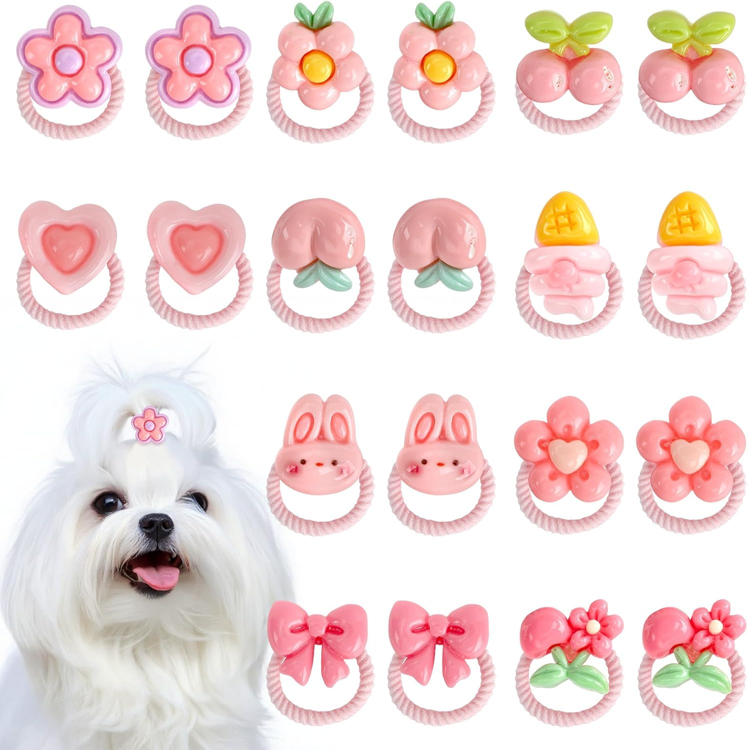 Lasuroa 20Pcs Dog Hair Bows with Rubber Bands, Pink Flower Bowknot Cherry Mix Style Cute Puppy Hair Accessories for Small Dogs Girl Hairties for Grooming and Daily Styling image number 2
