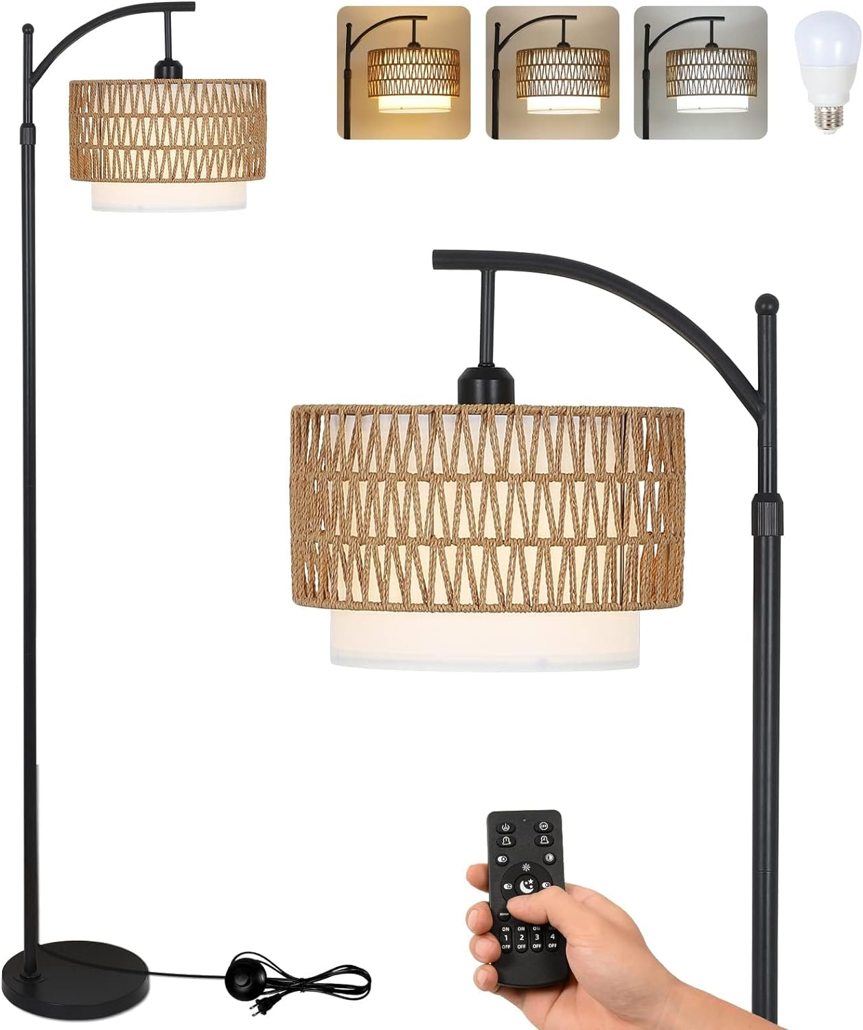 Arc Floor Lamp for Living Room with 3 Color Temperatures, Farmhouse Floor Lamps with Remote & Dimmable Bulb, Boho Standing Lamp with Rattan & Fabric Shades, Adjustable Tall Lamp for Bedroom image number 2