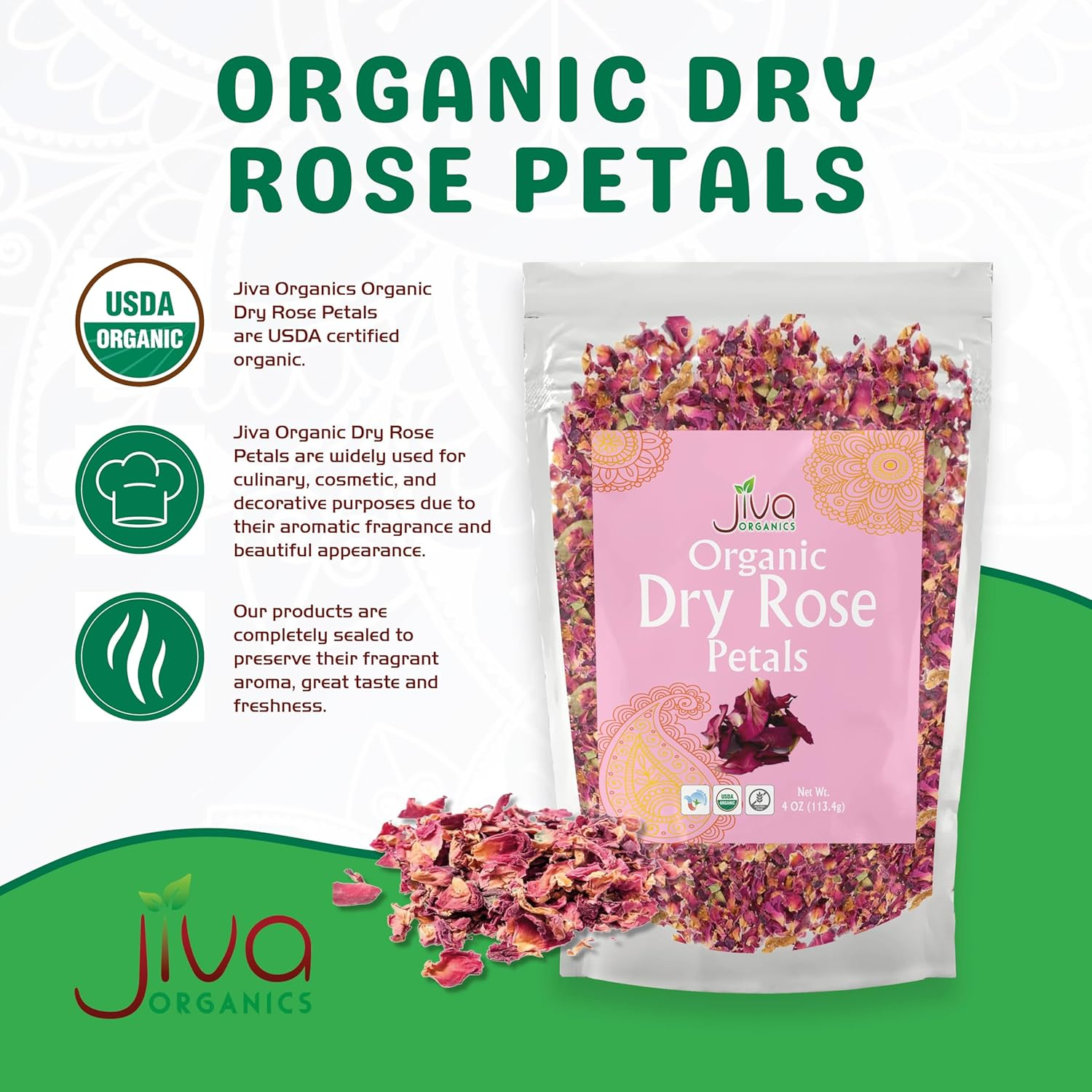 Jiva Organics Dried Red Rose Petals 4 Oz Bag - Non-Gmo, USDA Organic, Food Grade, Edible Flowers - Use in Tea, Baking, Making Rose Water, Crafting, Wedding Confetti image number 6