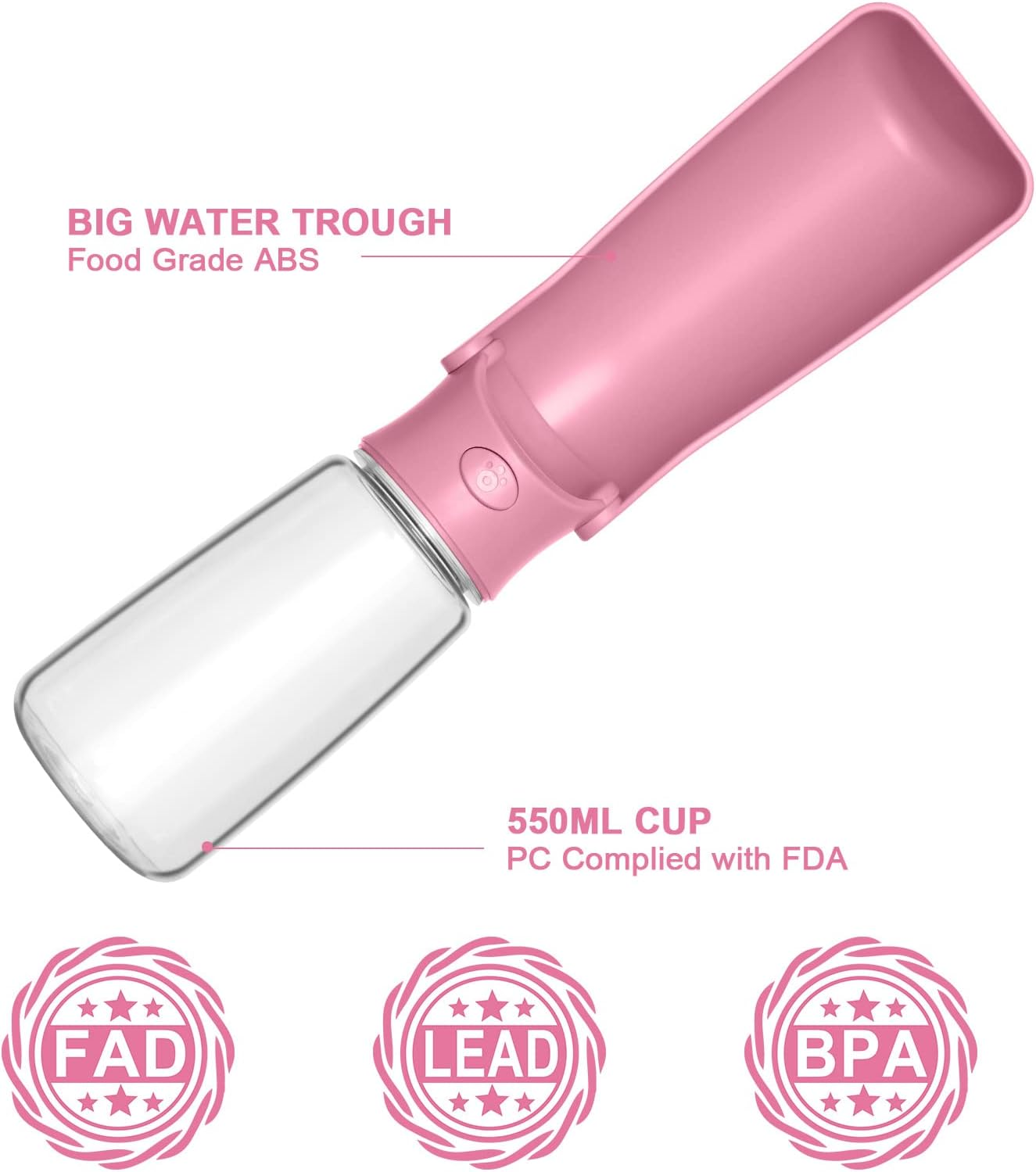 Foldable Dog Water Bottle - 550Ml Portable Dispenser, Leak Proof Travel Bottle for Pets, Outdoor Walking, Hiking - Food Grade Plastic（Pink） image number 1