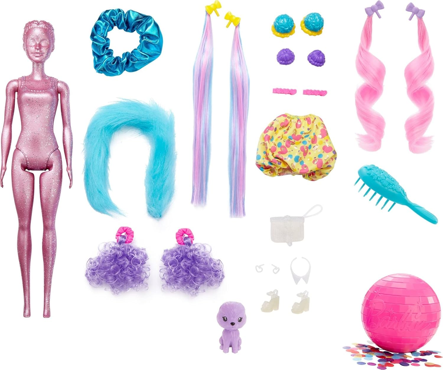 Barbie Color Reveal Glitter! Hair Swaps Doll, Glittery Pink with 25 Hairstyling & Party-Themed Surprises Including 10 Plug-In Hair Pieces, for Kids 3 Years Old & Up
