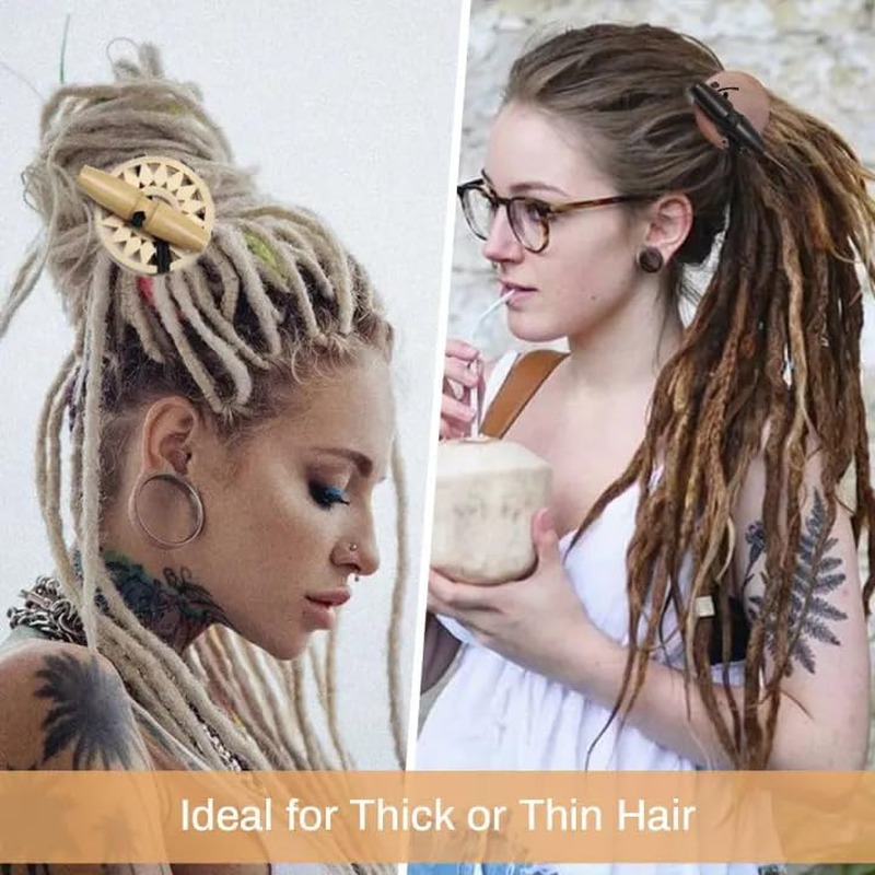 Kraler 3 Pcs Dreadlock Hair Ties for Thick Hair, Elastic Loc Bands with Hand-Carved Wooden Toggle, Boho Style Hair Accessories（White Brown Black） image number 6