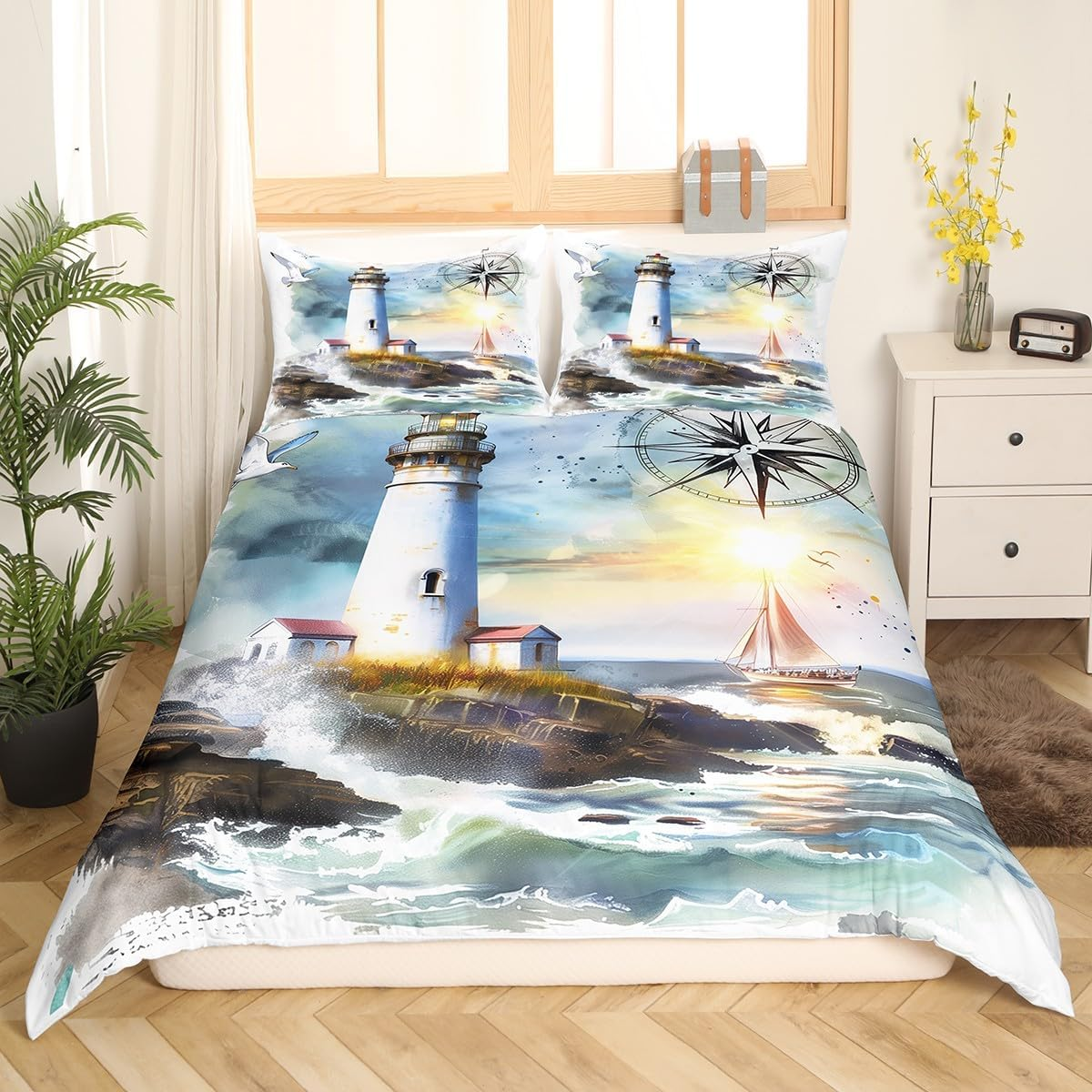 Homewish Bedding Set 155 X 220 Cm, Lighthouse Retro Sailing Boat Duvet Cover Compass Watercolour Comforter Cover Beach Ocean Adventure Theme Bed Set for Children Boys Teens Adult Bedroom Decor image number 1