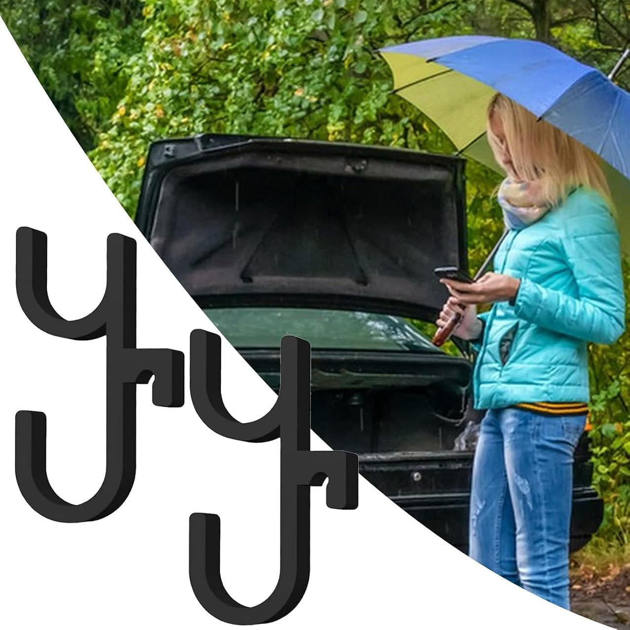 Xiaaofea 2Pcs Car Umbrella Hook, Multifunctional Auto Trunk Umbrella Hangers for Car Back Seat, Visor, Truck, Boat, Stroller, Wheelchair, Golf Accessories, Heavy Duty Non-Slip Car Organizer(Black) image number 4