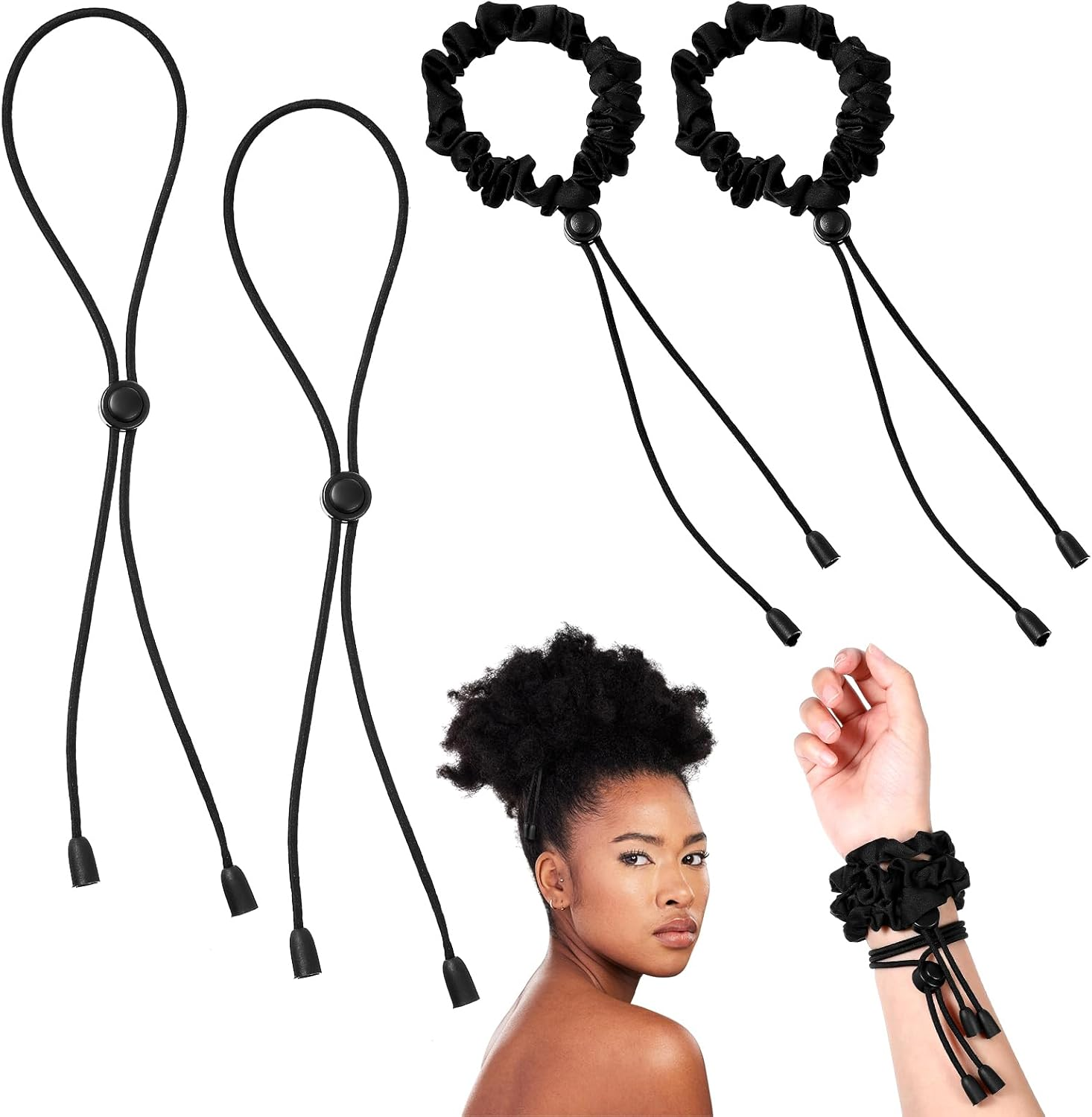 KFHENSOMR Adjustable Hair Ties 4 Pcs Black Large Satin Hair Ties for Afro Puff Thick Hairs Band Adjustable Loc Accessories for Black Women Soft Ponytail Holders for Medium Thick Thin Curly Hairs