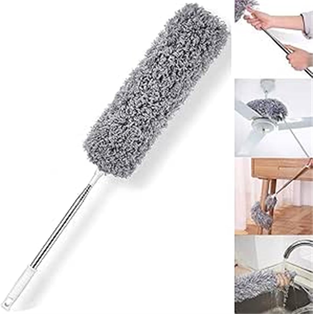 XXWZJH Microfiber Feather Duster,30-100 Inches Extra Long Cobweb Cleaner, Bendable Head, Non-Scratch, Washable for Ceiling, Fan,With Extendable Pole (Grey)