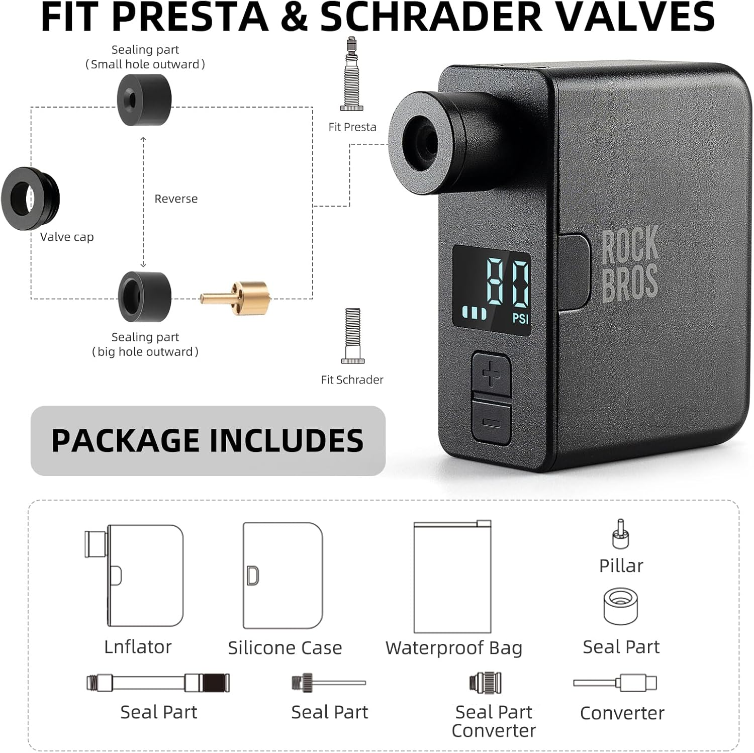 ROCKBROS Mini Bike Pump Portable Electric Bicycle Pump100Psi Tiny Bike Air Pump Tire Inflator Type-C Rechargeable Battery with Presta Schrader Valve, Cycling Gifts for Men Women image number 4