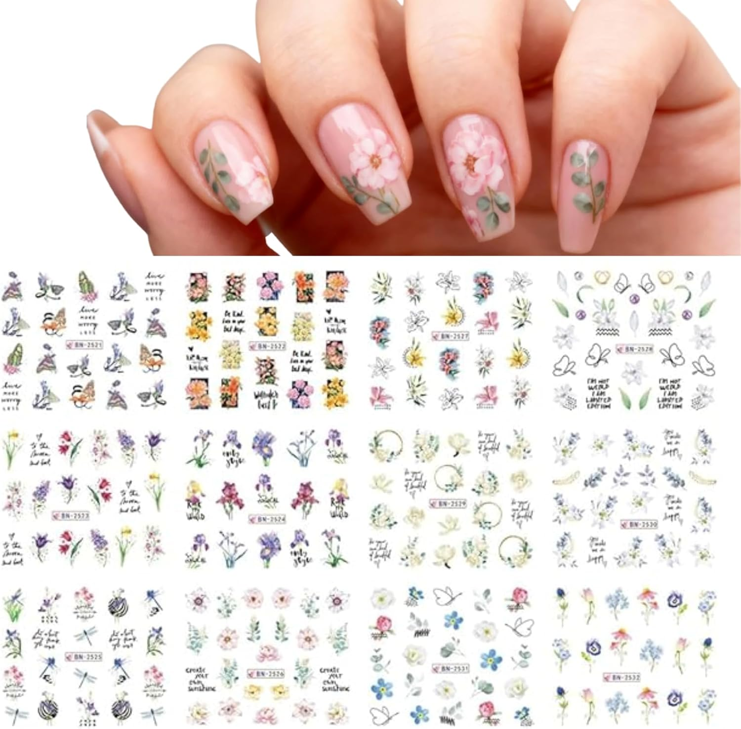 Kalione Holographic Floral Nail Stickers for Women &ndash; Durable Nail Stickers for Nails Art Designs, Perfect for Manicure and Pedicure Enhancements，Floral Nails Decorative Decals for Women