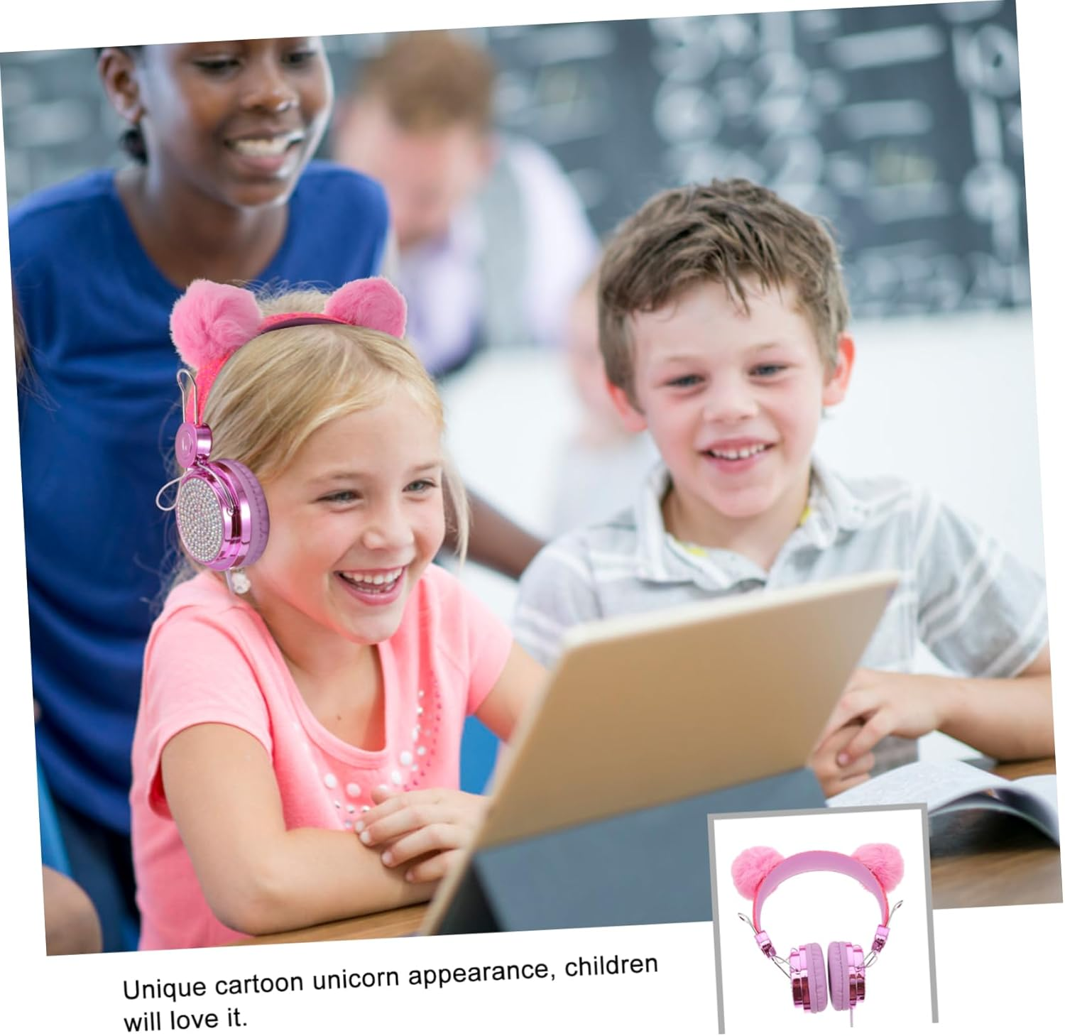 TINEASUR Children Headphones with Mic on Ear Headset for Kids Rhinestone Glitter Furry Ball Design School Travel Use Wired Headphones for Boys and Girls image number 5