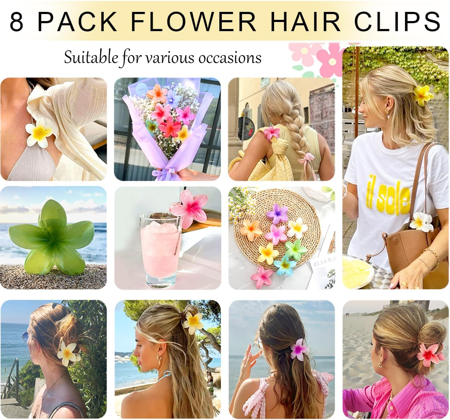 Flower Hair Clips, Pack of 8 Non-Slip Flower Hair Clips, Large Flower Hair Clip, Hawaiian Flower Claw Clips for Women, Thick, Thin Hair Styling Accessories (8 Colours)