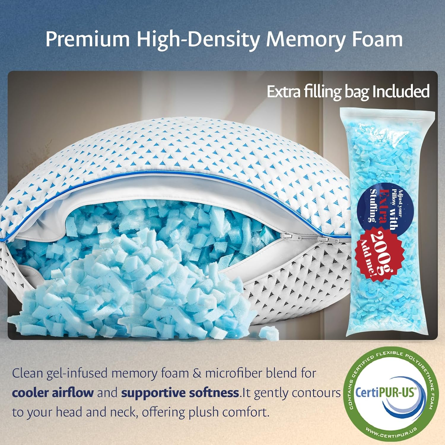 Cooling Gel Memory Foam Pillows Queen Size Set of 2 for Sleeping,Bamboo Rayon Adjustable Firm Shredded Foam Bed Pillows 2 Pack for Side, Back, Stomach Sleepers Luxury Washable Breathable Pillowcase image number 4