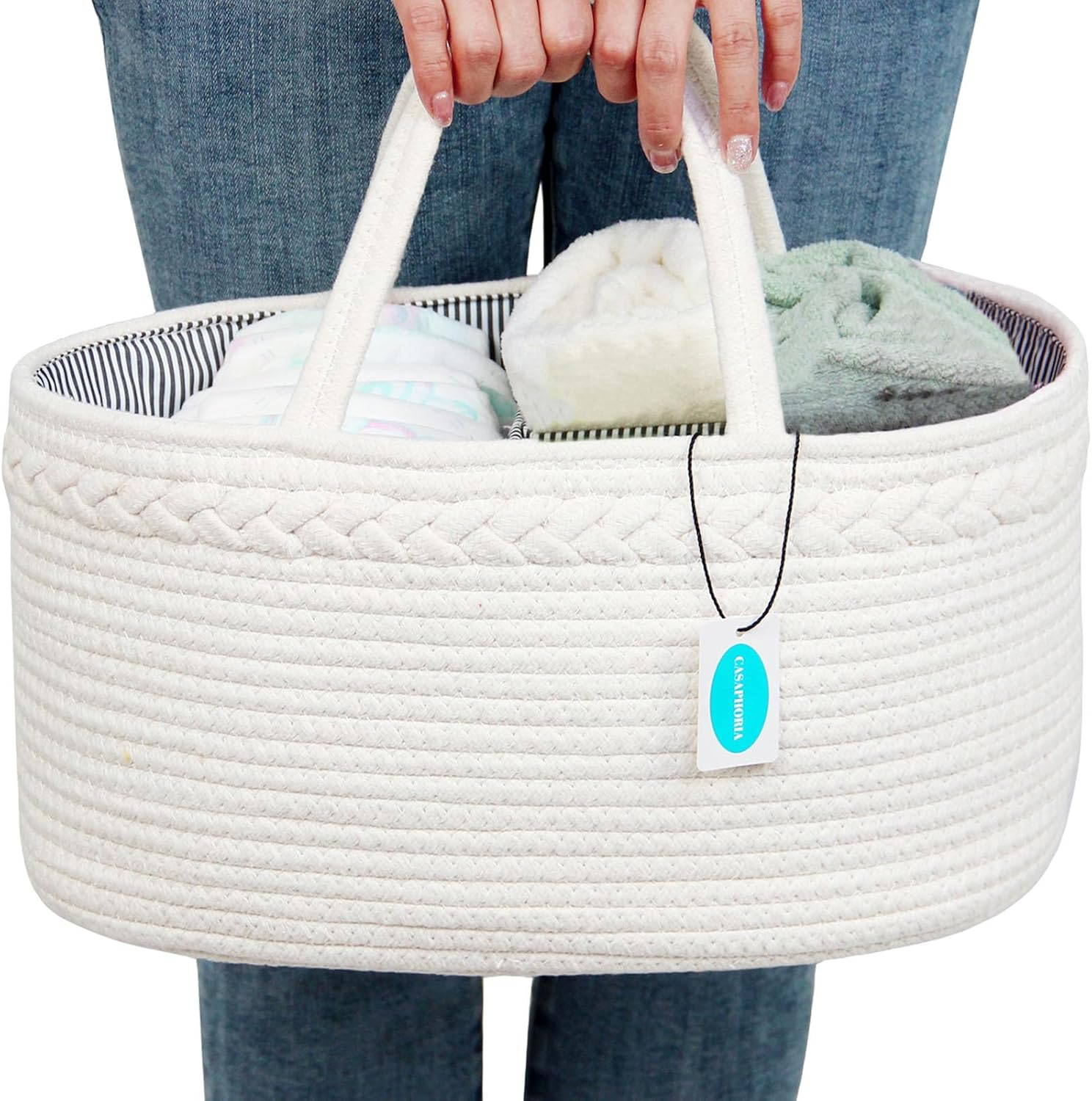 Casaphoria Caddy Organization Woven Cotton Rope Basket Storage Caddy or Gift, Soft Circular Basket with Handle, Cotton Material,Light Brown(15.5"X10"X7.5")
