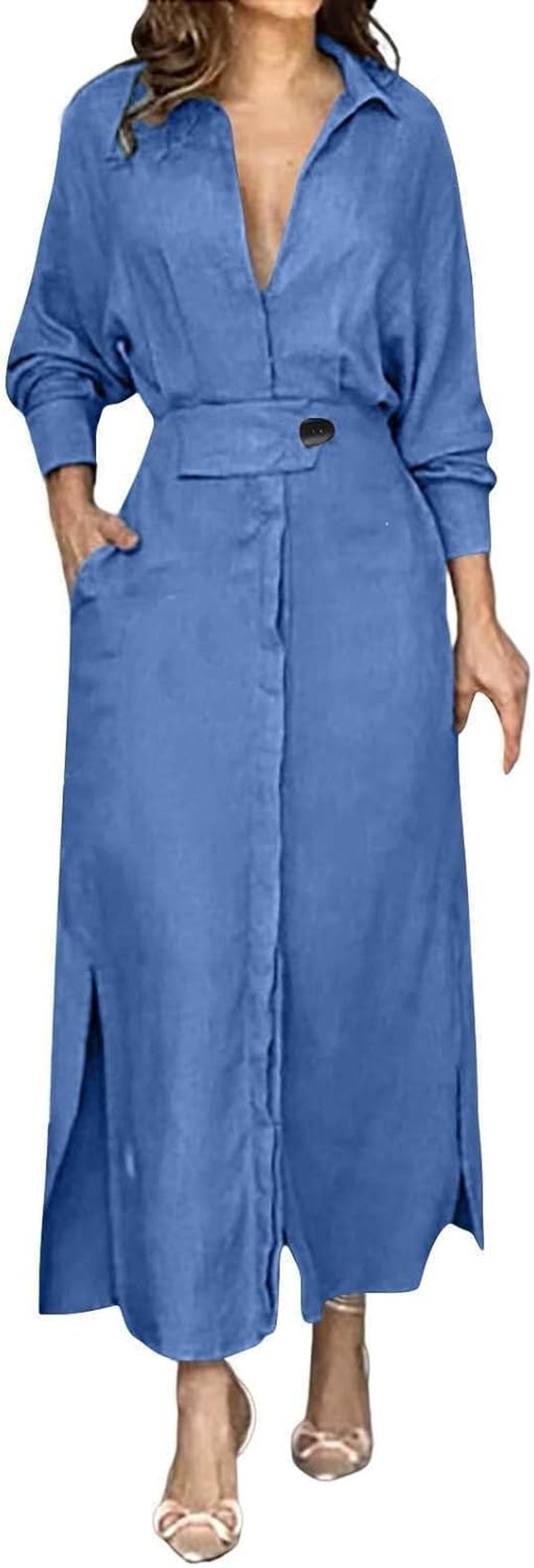 Cute Maternity Dress for Women Cotton Linen Formal Maxi Dress Casual Lapel Long Sleeve Dresses with Pockets V Neck Dresses Flower Pattern Pan Collar Women